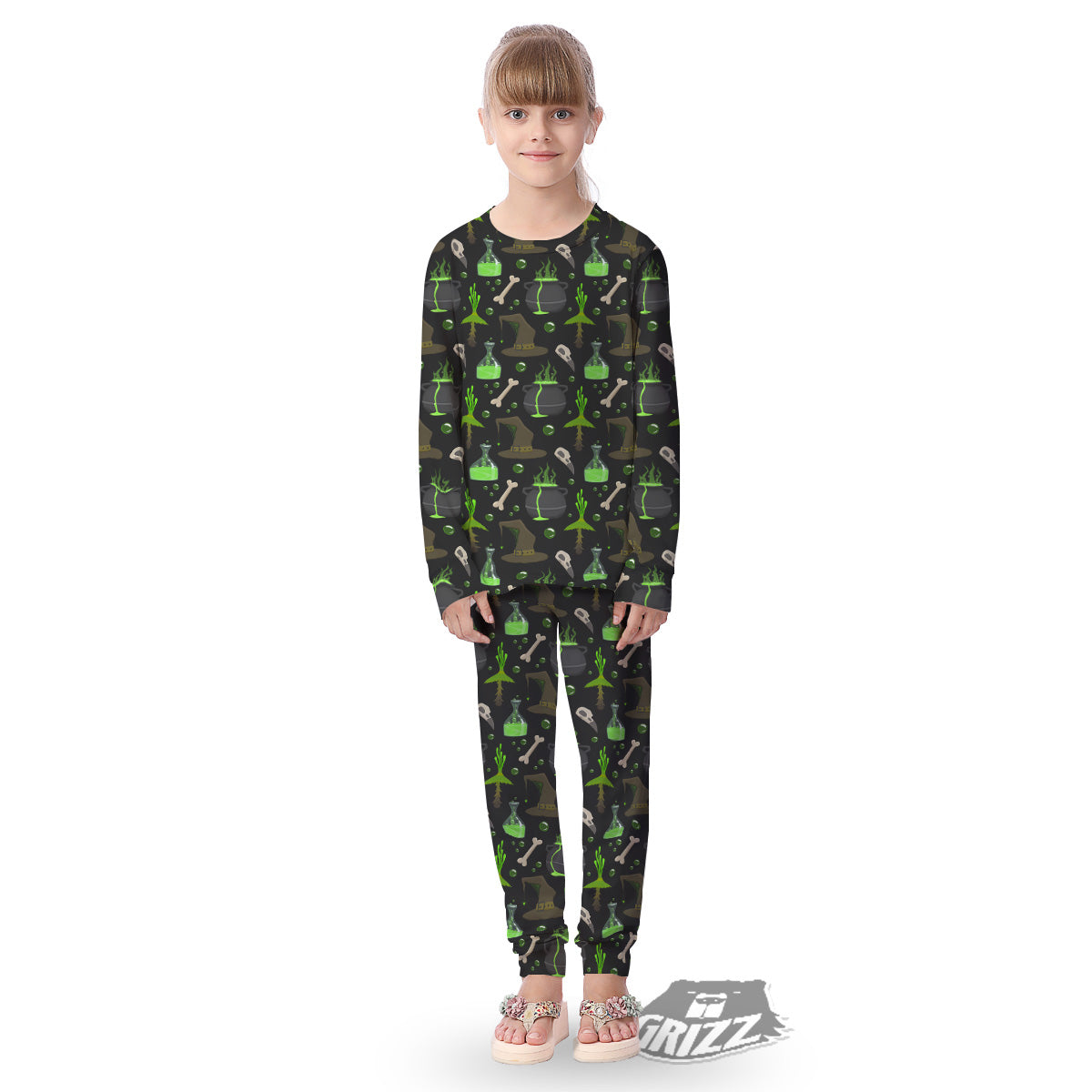Halloween Green Poison Witch Print Pattern Kid's Pajamas-grizzshop