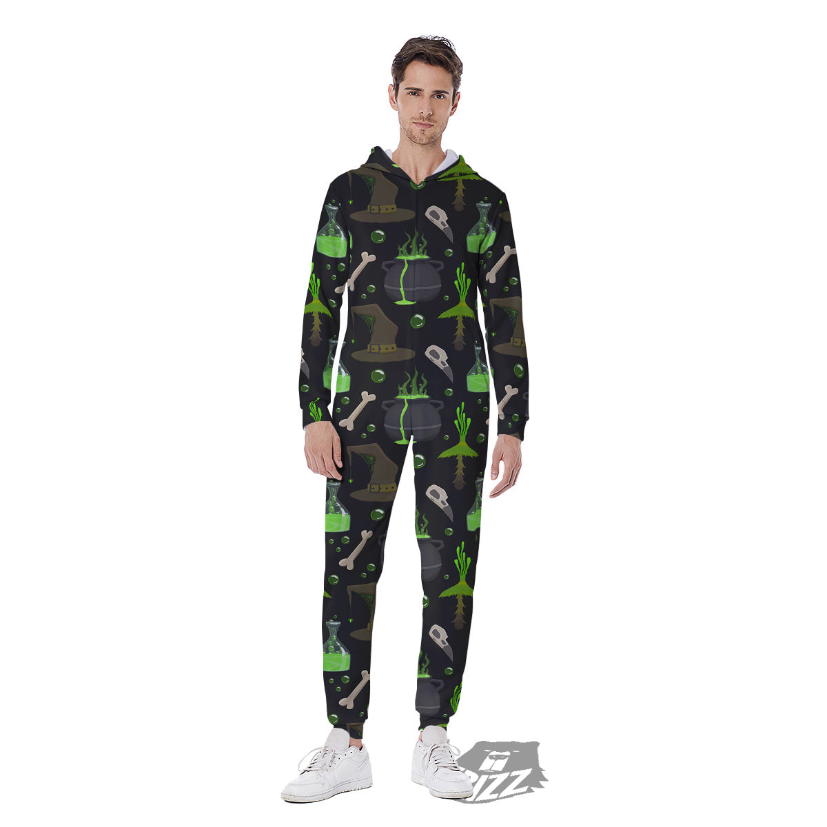 Halloween Green Poison Witch Print Pattern Men's Jumpsuit-grizzshop