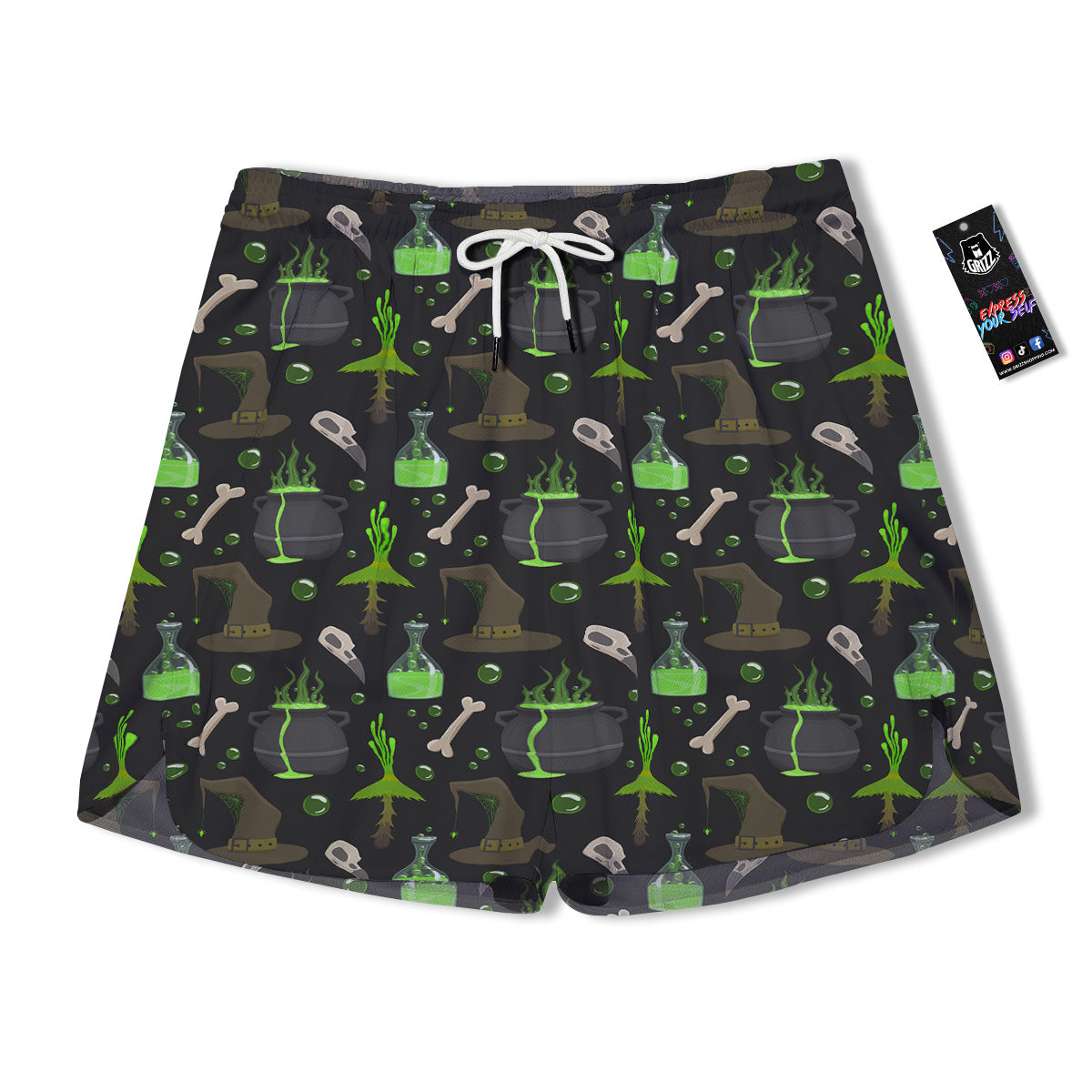 Halloween Green Poison Witch Print Pattern Men's Running Shorts-grizzshop