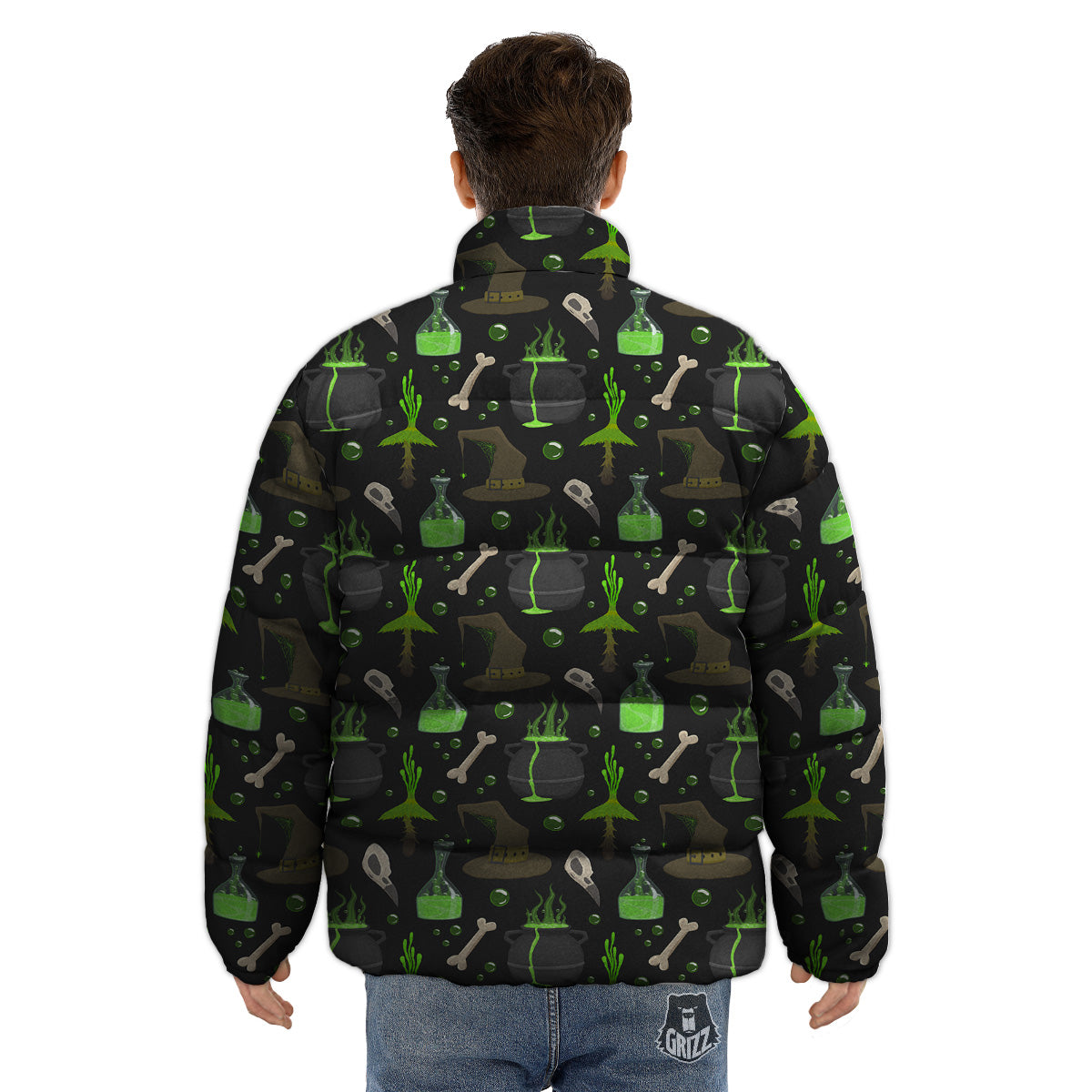 Halloween Green Poison Witch Print Pattern Puffer Jacket-grizzshop