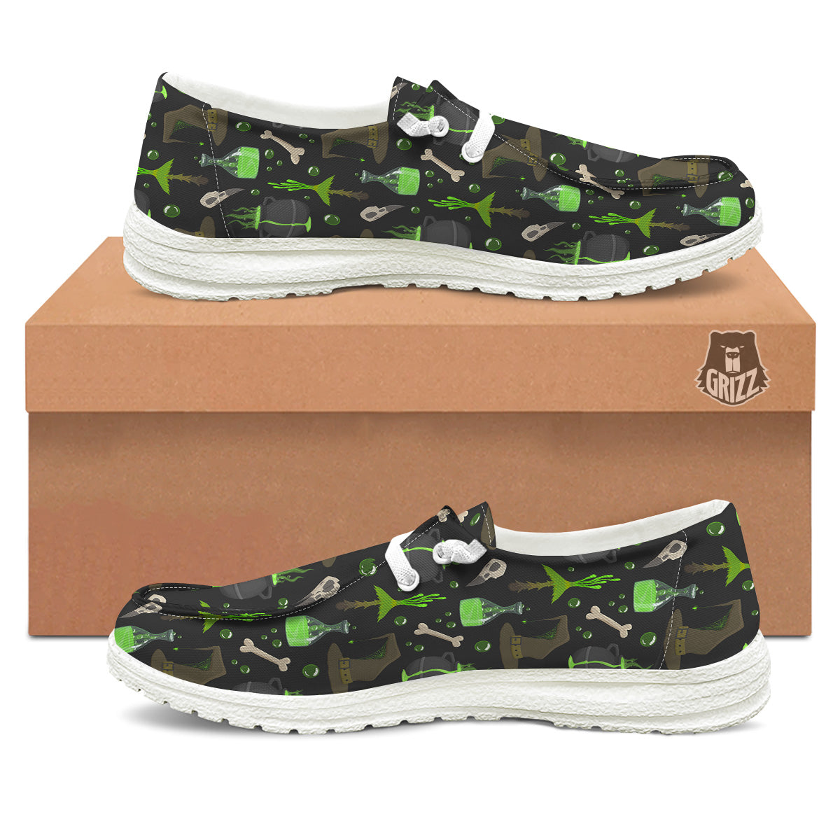 Halloween Green Poison Witch Print Pattern White Loafers-grizzshop