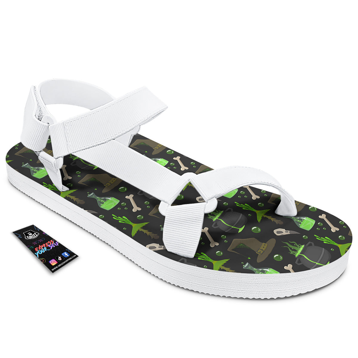 Halloween Green Poison Witch Print Pattern White Open Toe Sandals-grizzshop