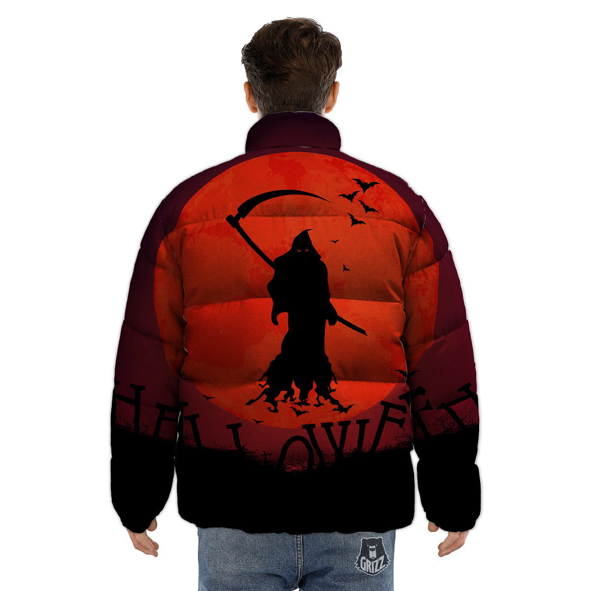 Halloween Grim Reaper Print Puffer Jacket-grizzshop