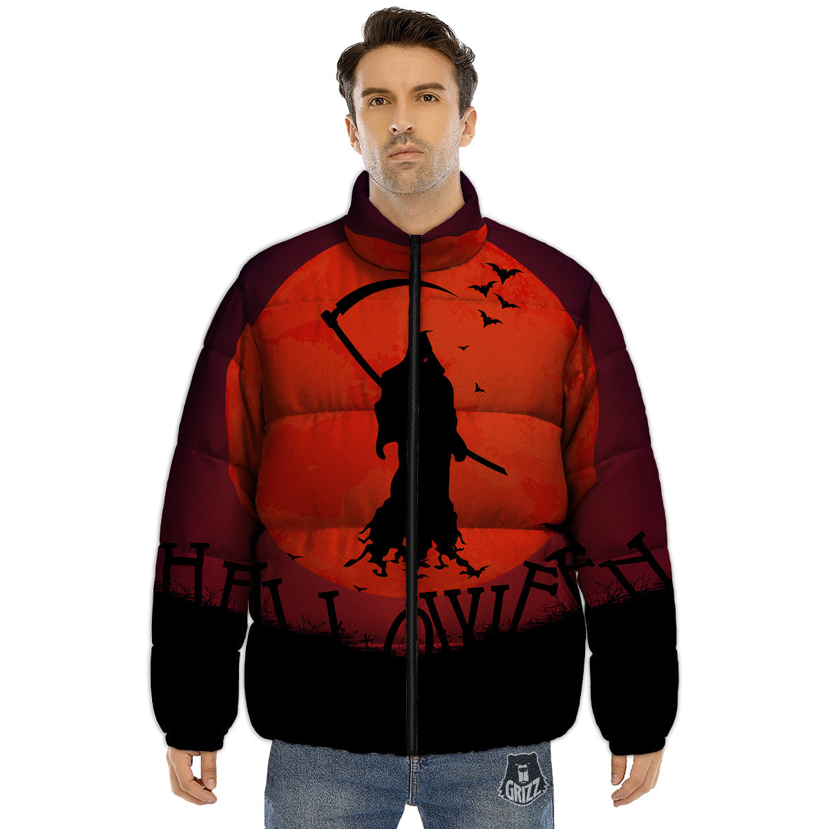 Halloween Grim Reaper Print Puffer Jacket-grizzshop