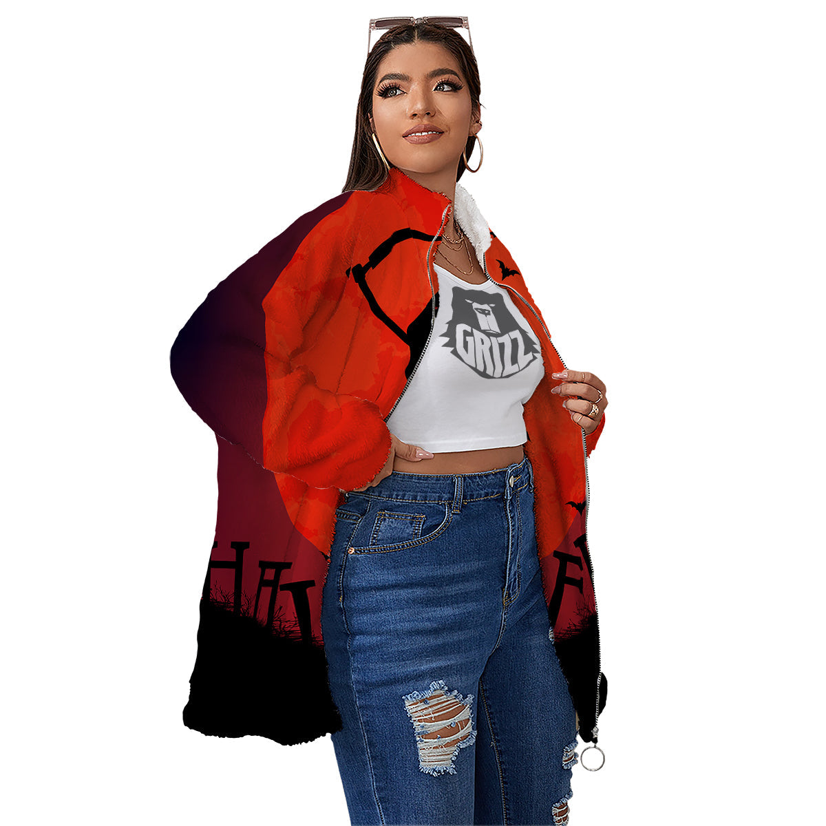 Halloween Grim Reaper Print Women's Sherpa Jacket-grizzshop
