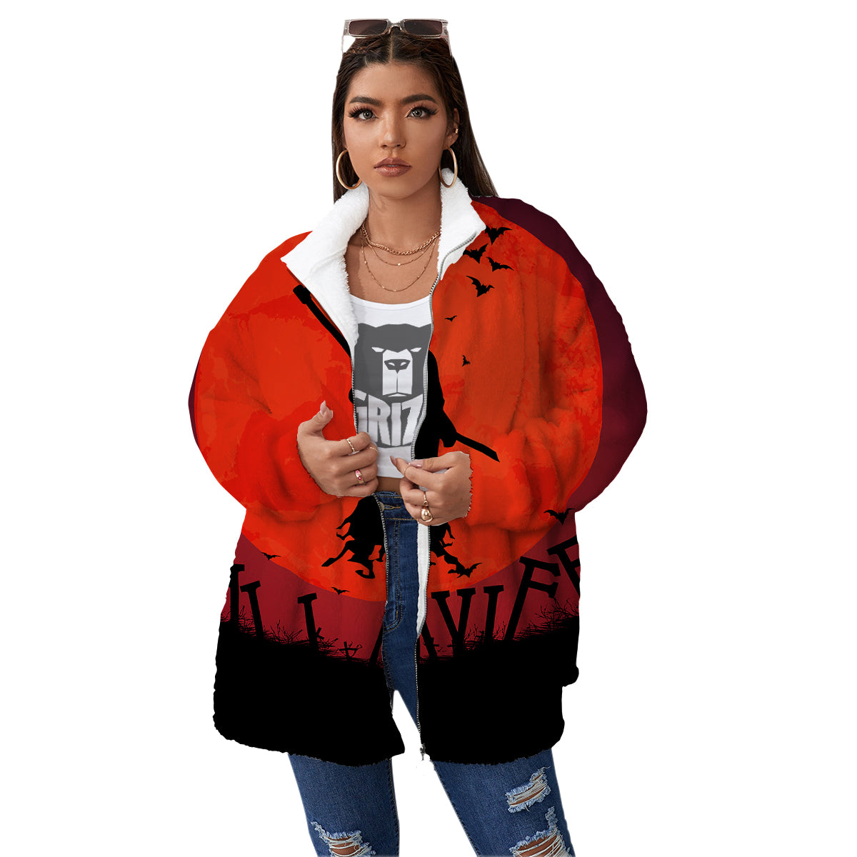 Halloween Grim Reaper Print Women's Sherpa Jacket-grizzshop