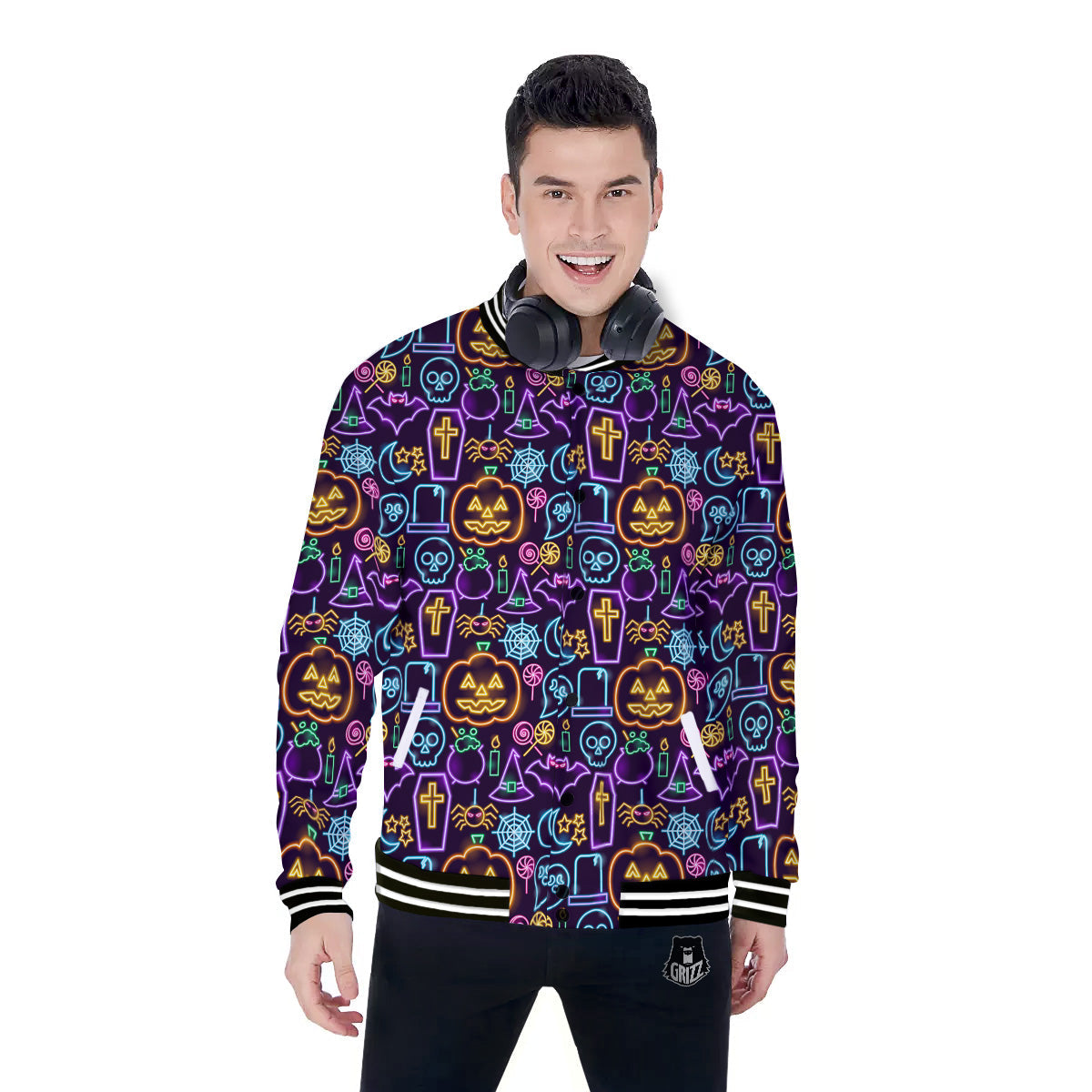 Halloween Neon Cute Print Pattern Baseball Jacket-grizzshop