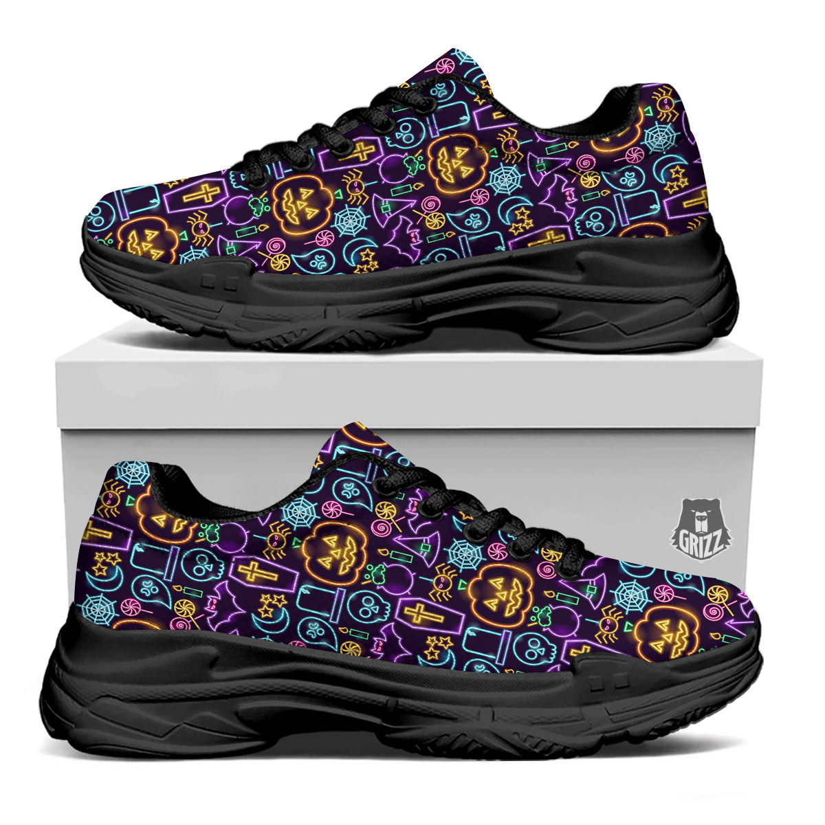 Halloween Neon Cute Print Pattern Black Chunky Shoes-grizzshop
