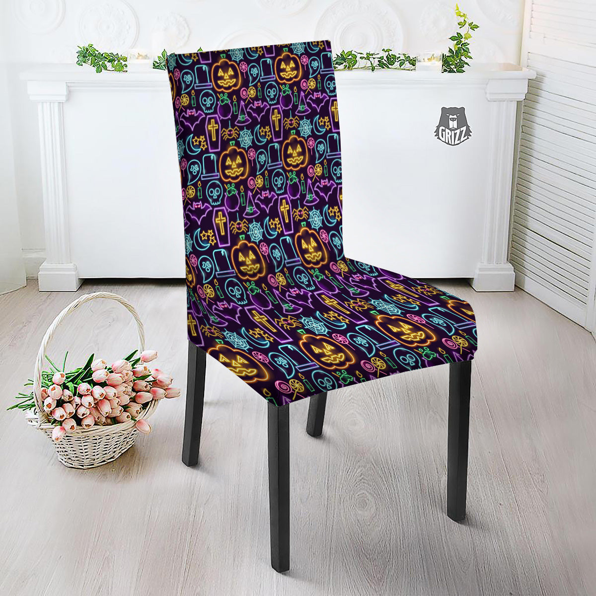 Halloween Neon Cute Print Pattern Dining Chair Slipcover-grizzshop