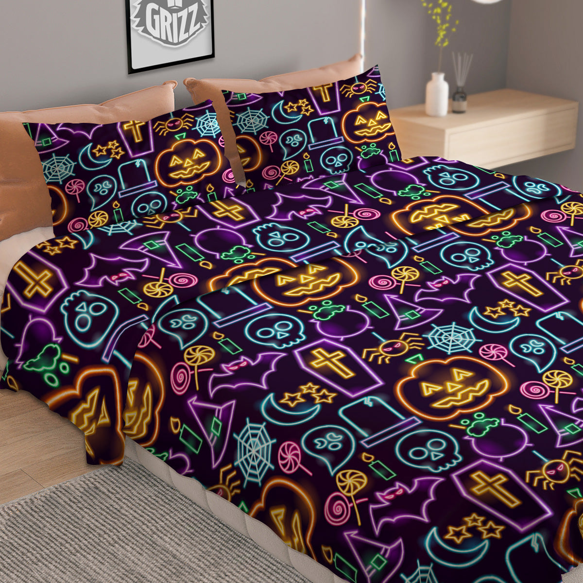 Halloween Neon Cute Print Pattern Duvet Cover Bedding Set