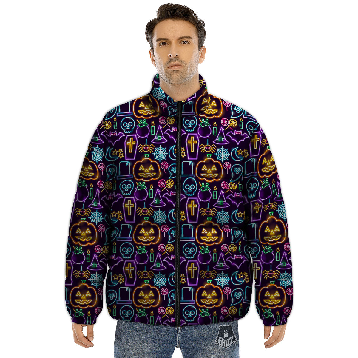 Halloween Neon Cute Print Pattern Puffer Jacket-grizzshop