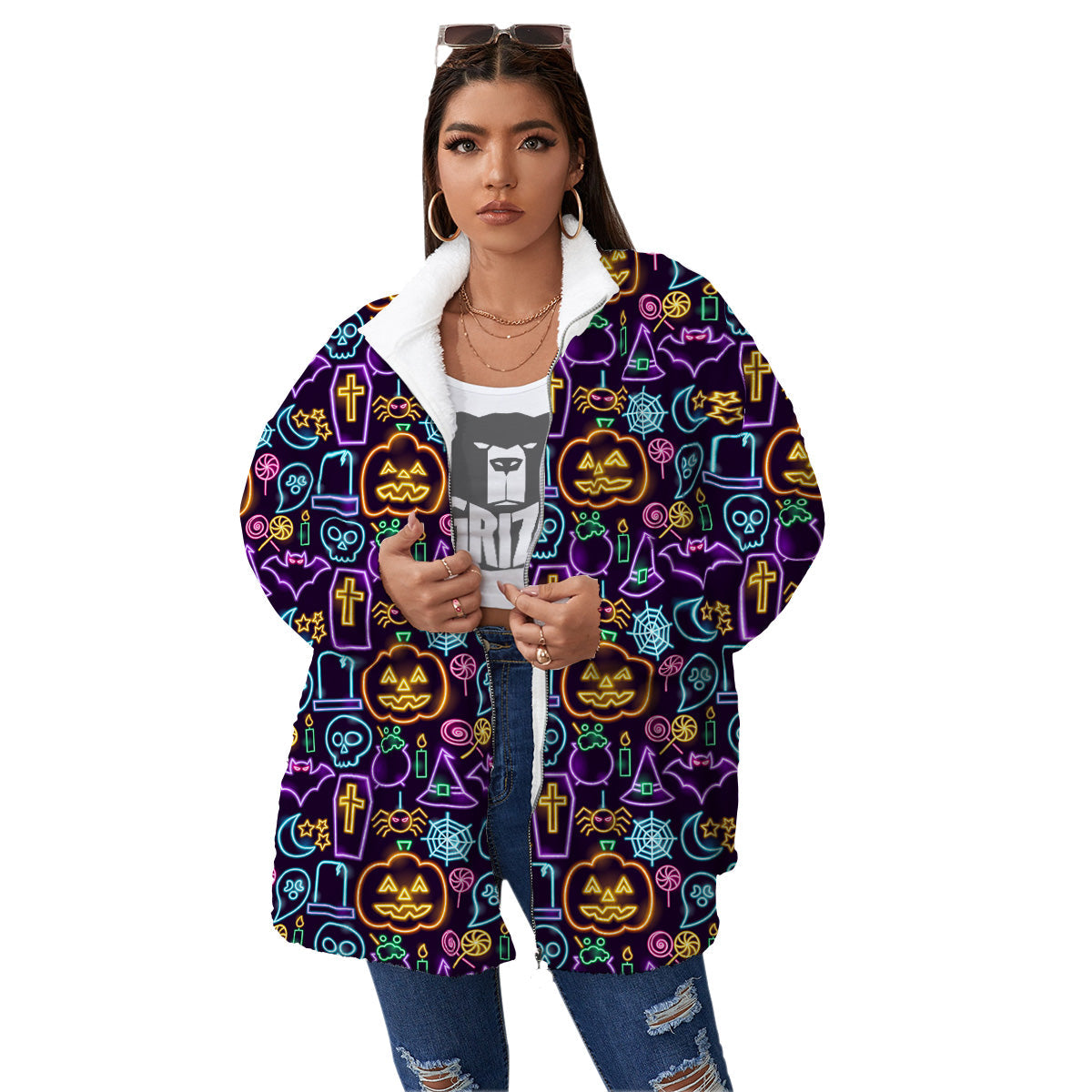 Halloween Neon Cute Print Pattern Women's Sherpa Jacket-grizzshop