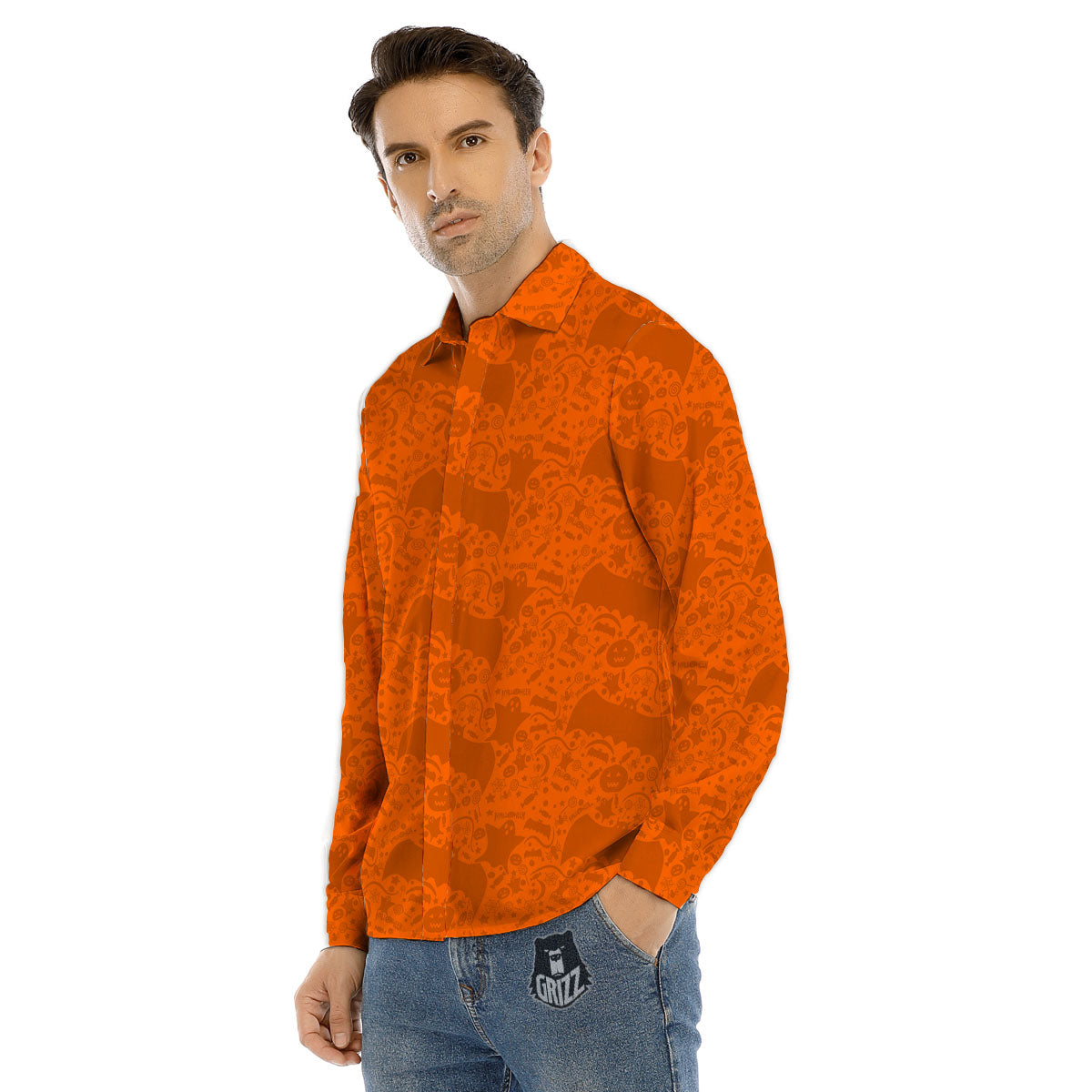 Halloween Orange Print Pattern Men's Dress Shirts-grizzshop