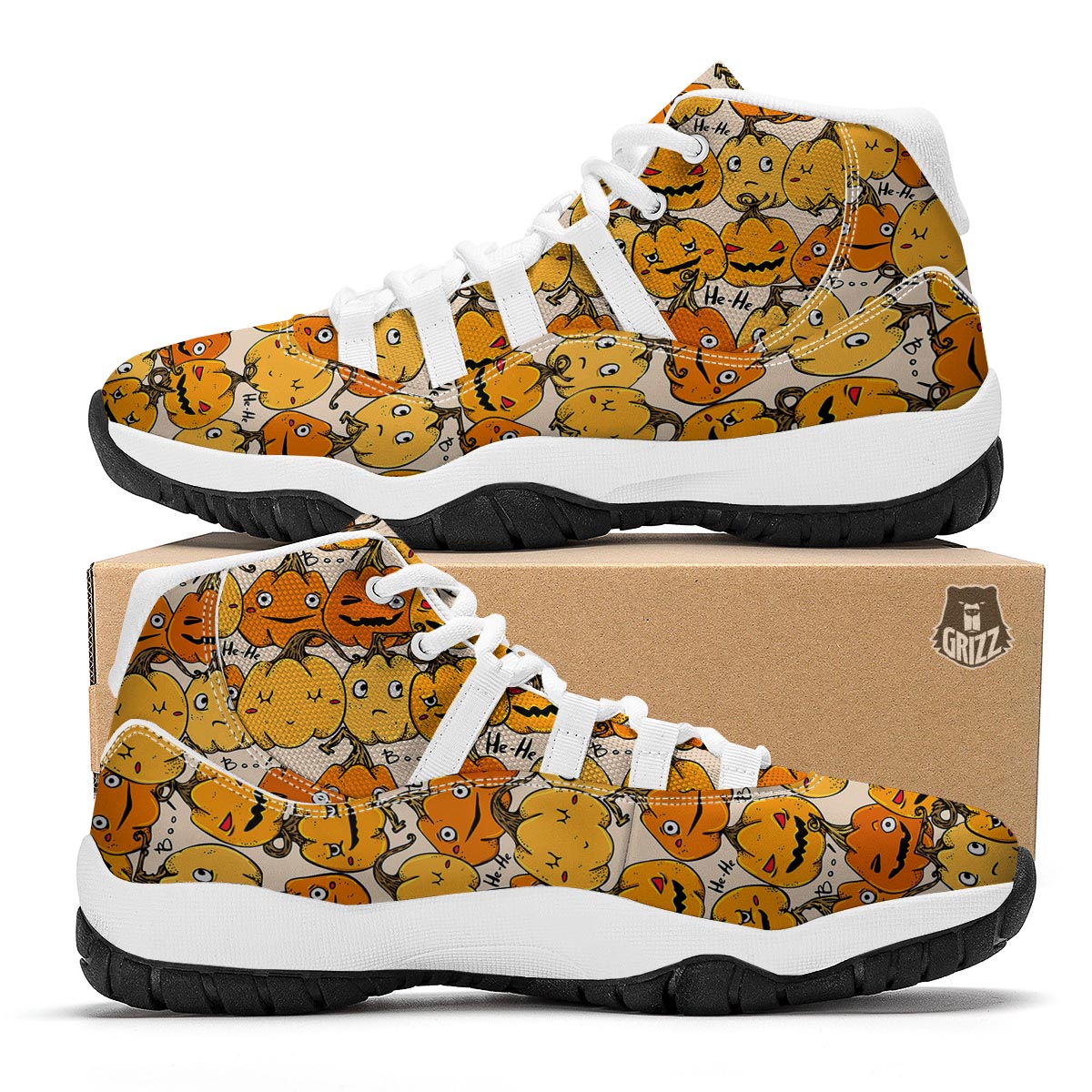 Halloween Pumpkin Pattern Print White Bball Shoes-grizzshop