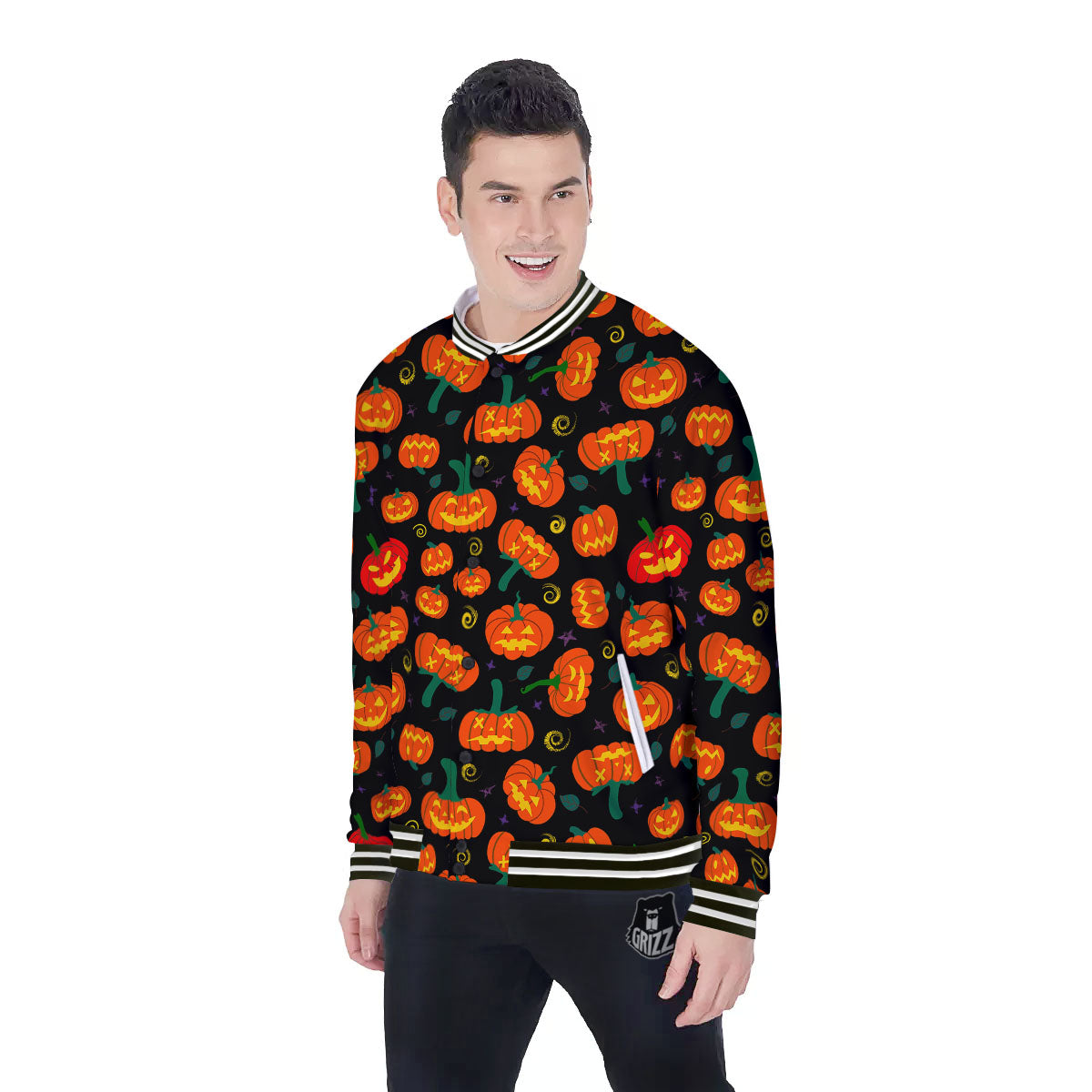 Halloween Pumpkin Print Pattern Baseball Jacket-grizzshop