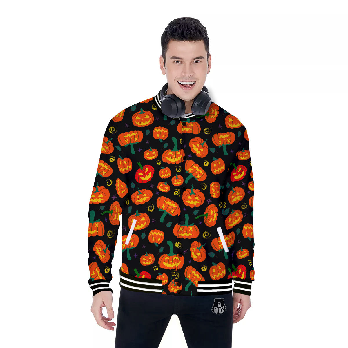 Halloween Pumpkin Print Pattern Baseball Jacket-grizzshop