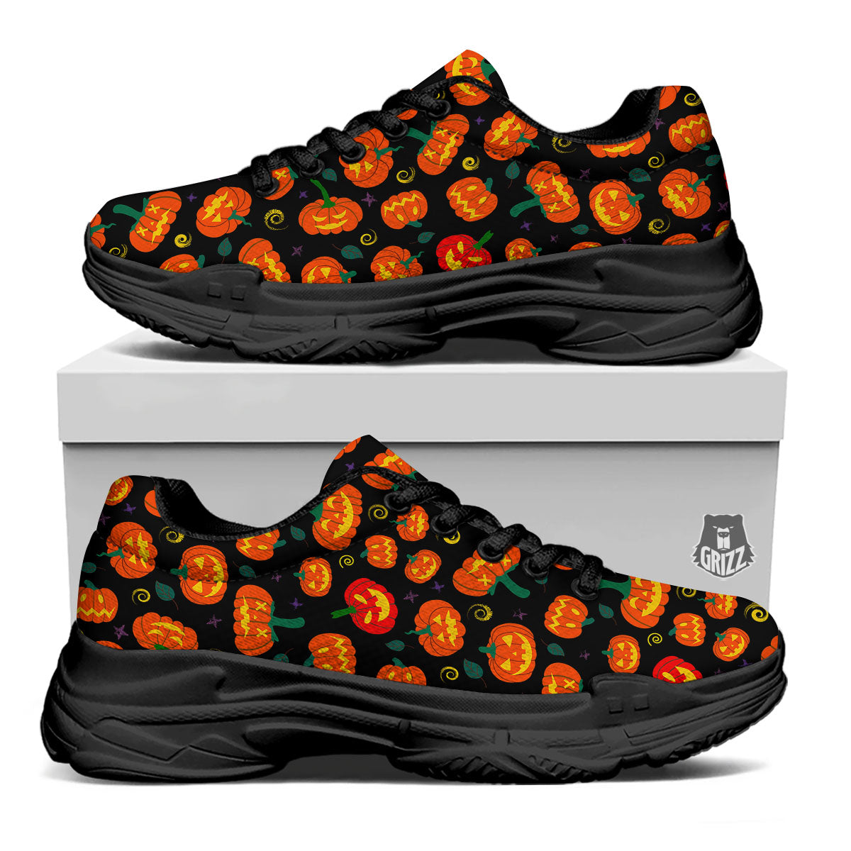 Halloween Pumpkin Print Pattern Black Chunky Shoes-grizzshop