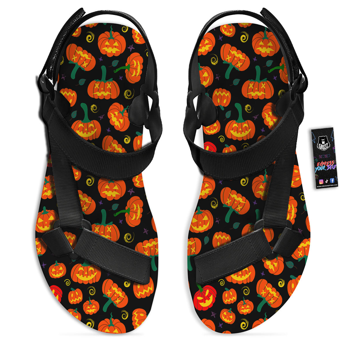 Halloween Pumpkin Print Pattern Black Open Toe Sandals-grizzshop