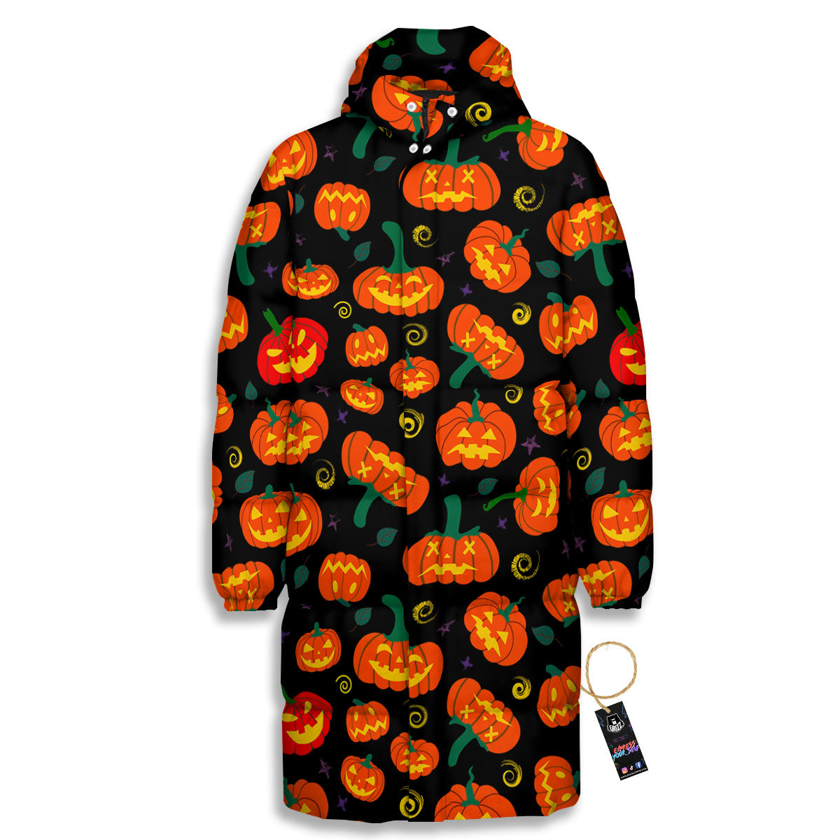 Halloween Pumpkin Print Pattern Long Down Jacket