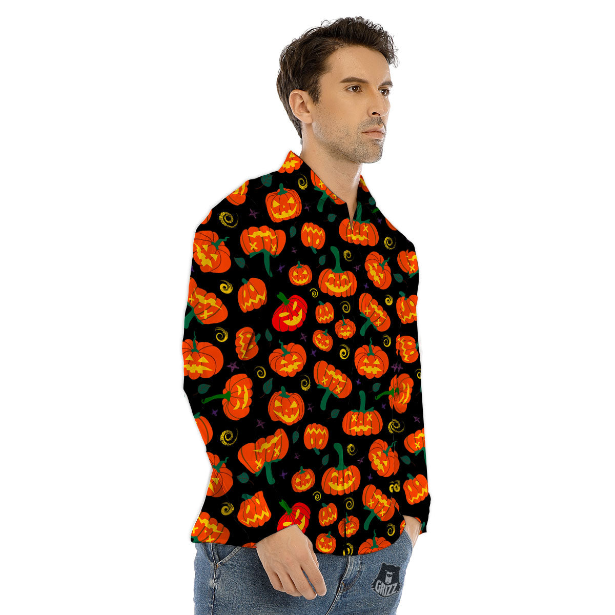 Halloween Pumpkin Print Pattern Men's Dress Shirts-grizzshop