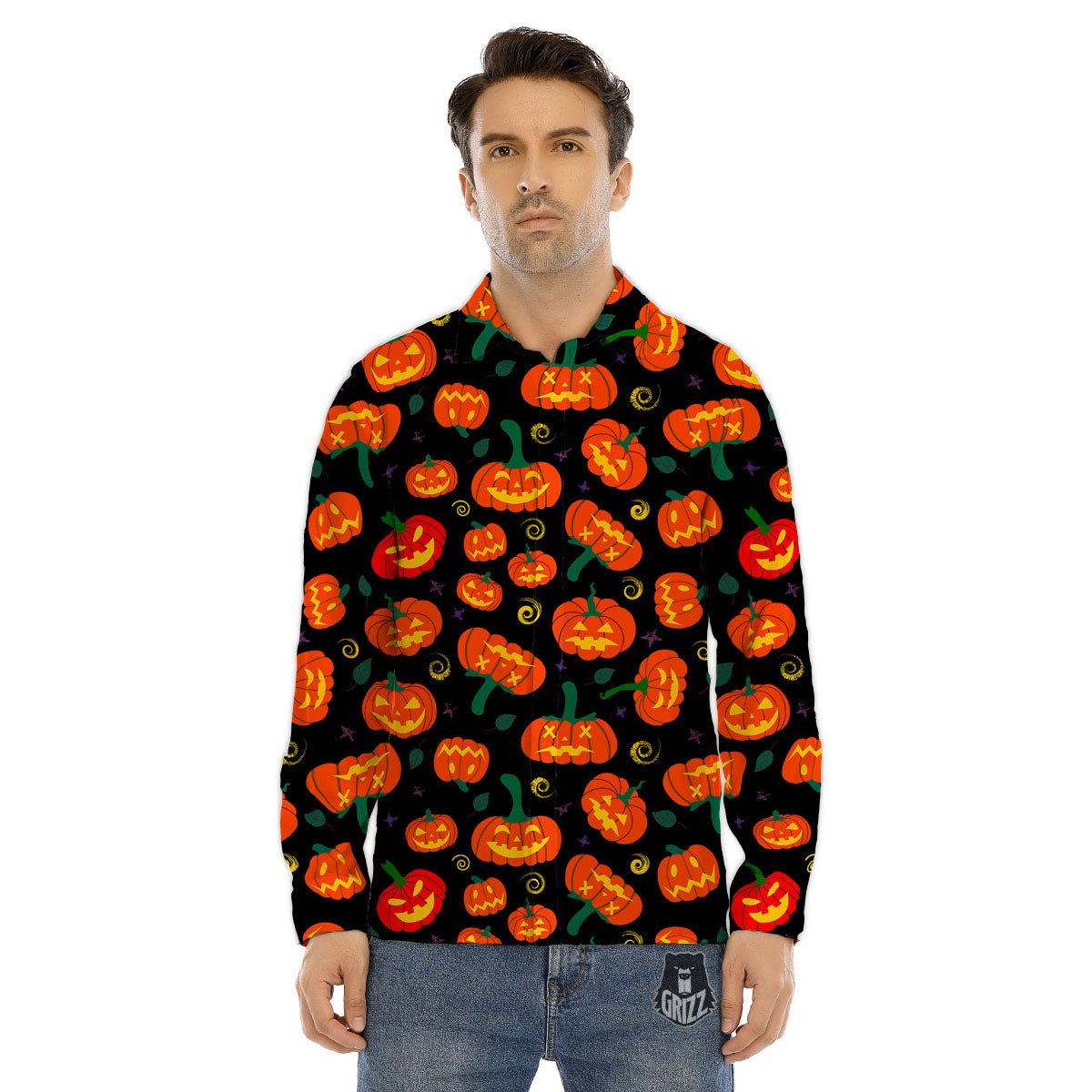 Halloween Pumpkin Print Pattern Men's Dress Shirts-grizzshop