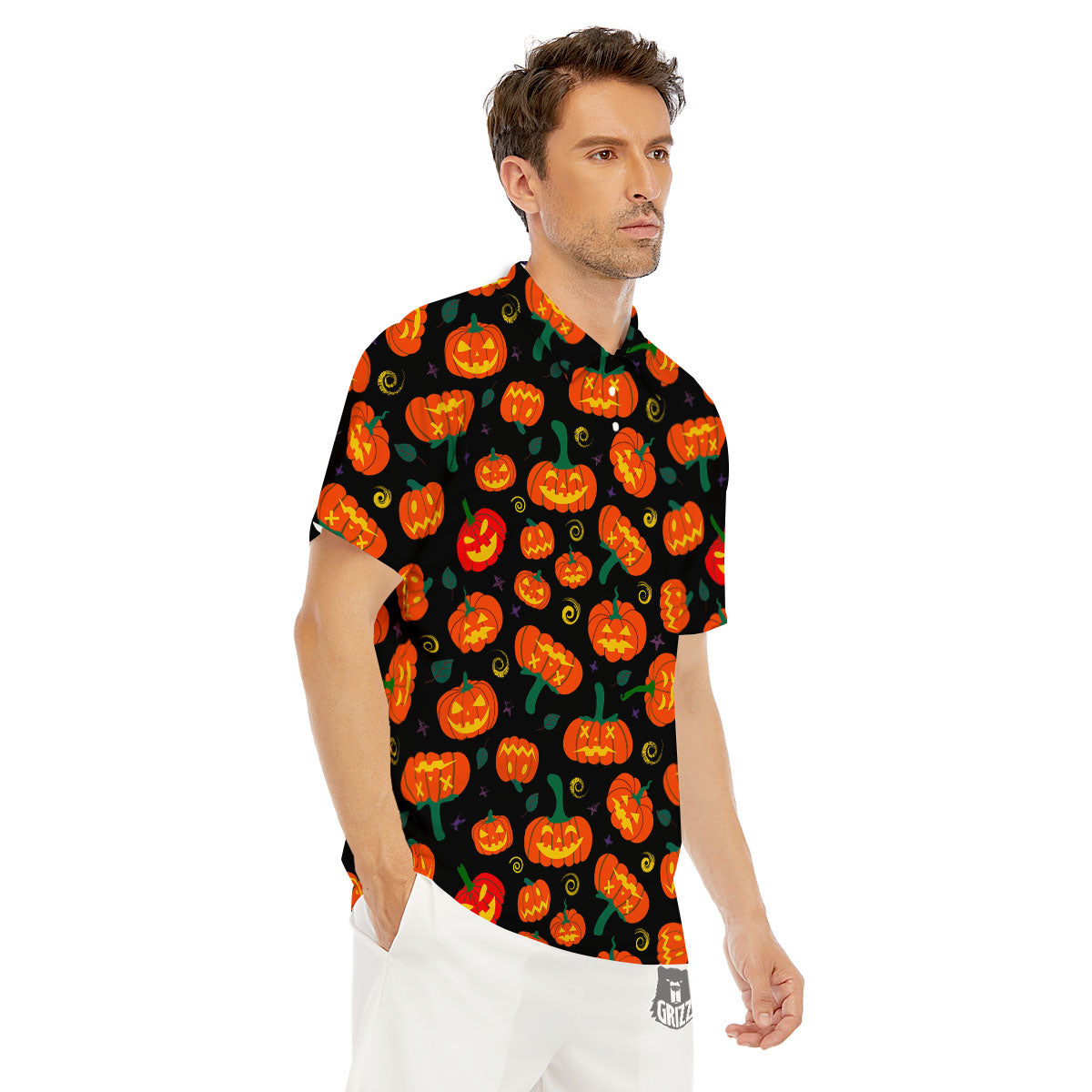 Halloween Pumpkin Print Pattern Men's Golf Shirts-grizzshop