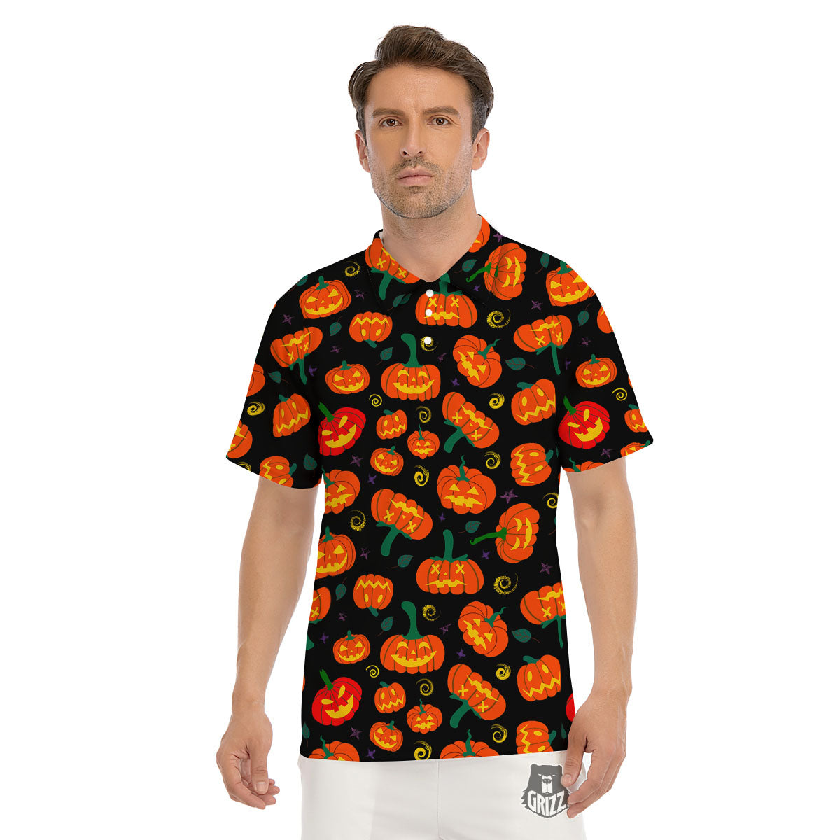 Halloween Pumpkin Print Pattern Men's Golf Shirts-grizzshop