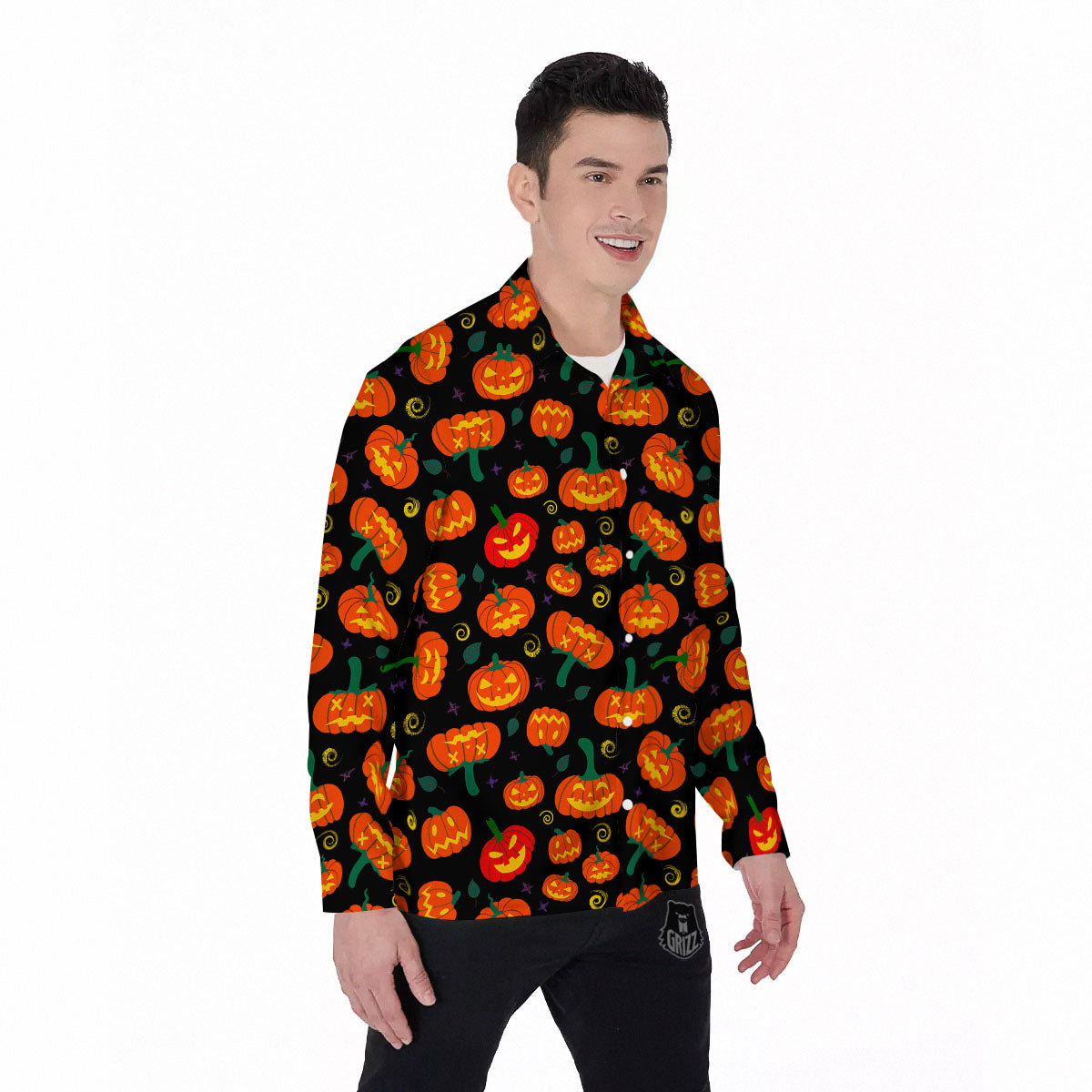 Halloween Pumpkin Print Pattern Men's Long Sleeve Shirts-grizzshop