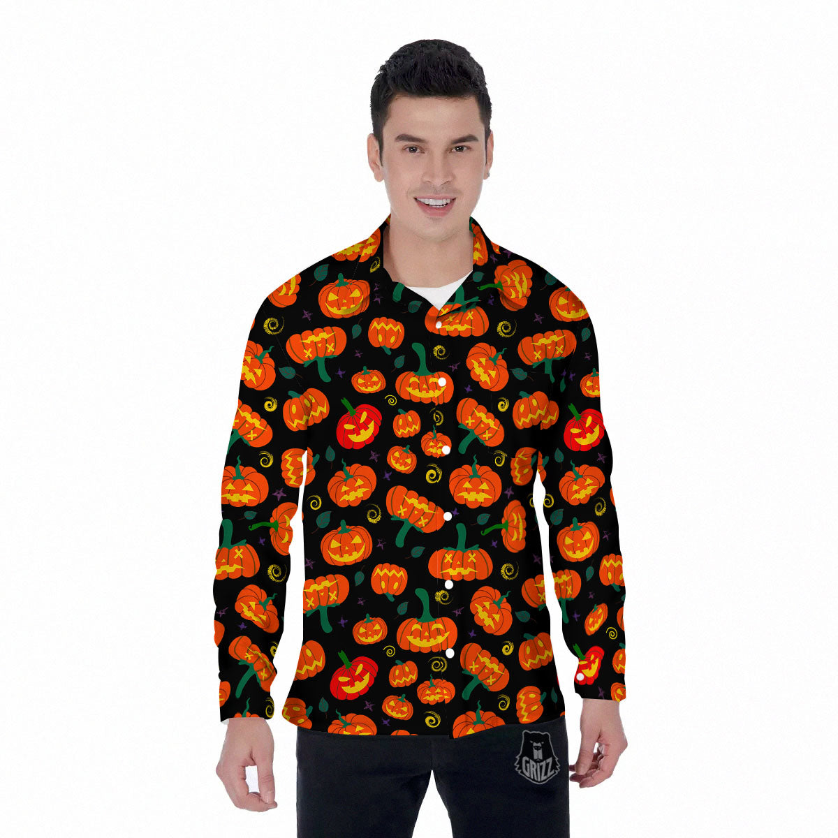 Halloween Pumpkin Print Pattern Men's Long Sleeve Shirts-grizzshop