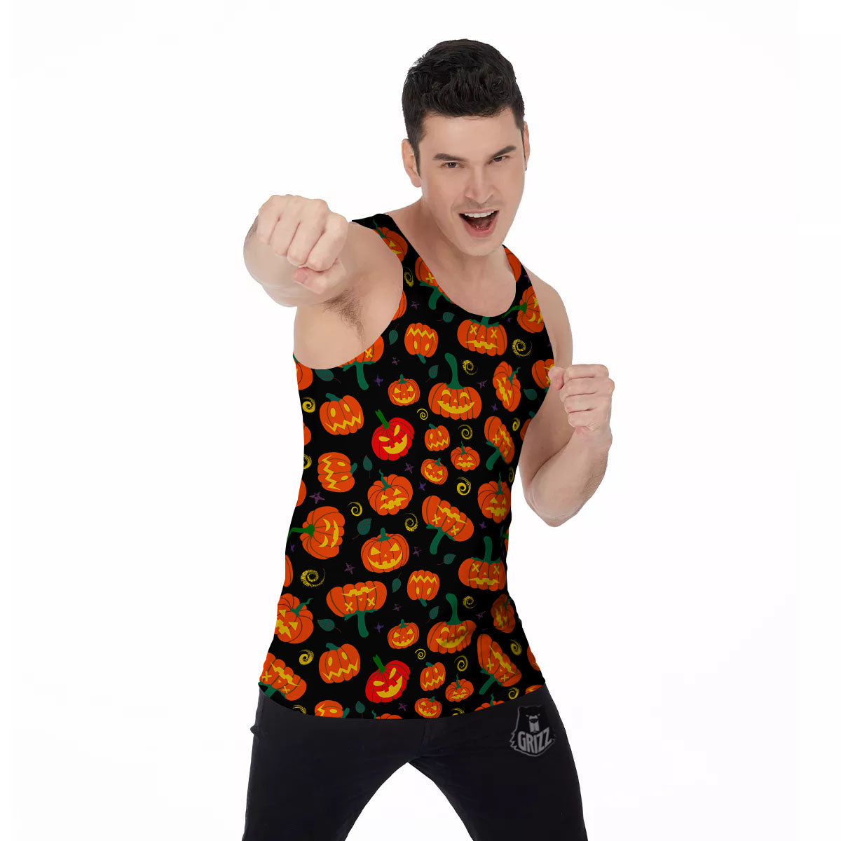 Halloween Pumpkin Print Pattern Men's Tank Top-grizzshop