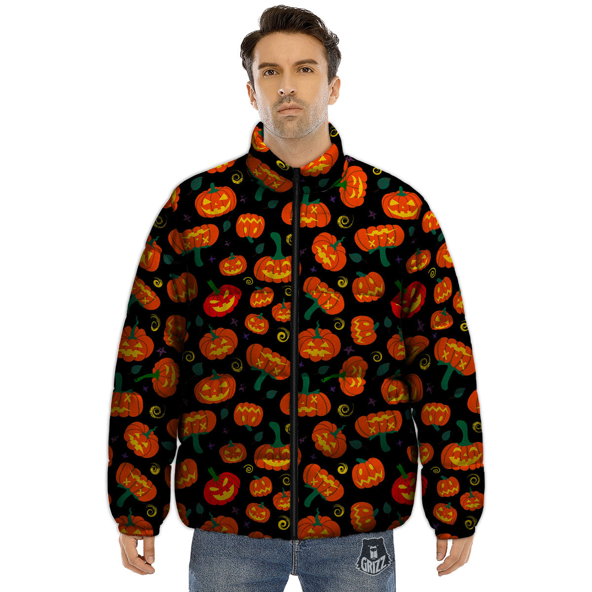 Halloween Pumpkin Print Pattern Puffer Jacket-grizzshop