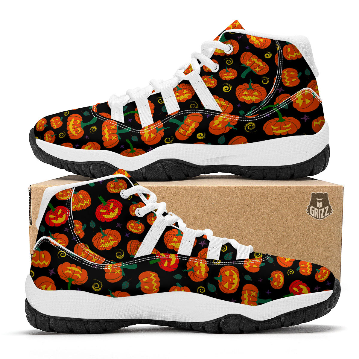 Halloween Pumpkin Print Pattern White Bball Shoes-grizzshop