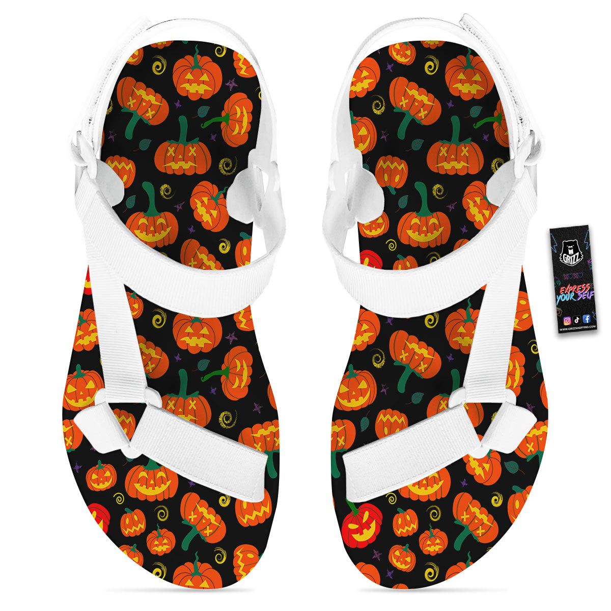 Halloween Pumpkin Print Pattern White Open Toe Sandals-grizzshop