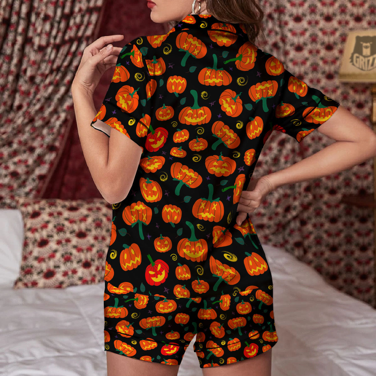 Halloween Pumpkin Print Pattern Women Silk Pajamas-grizzshop