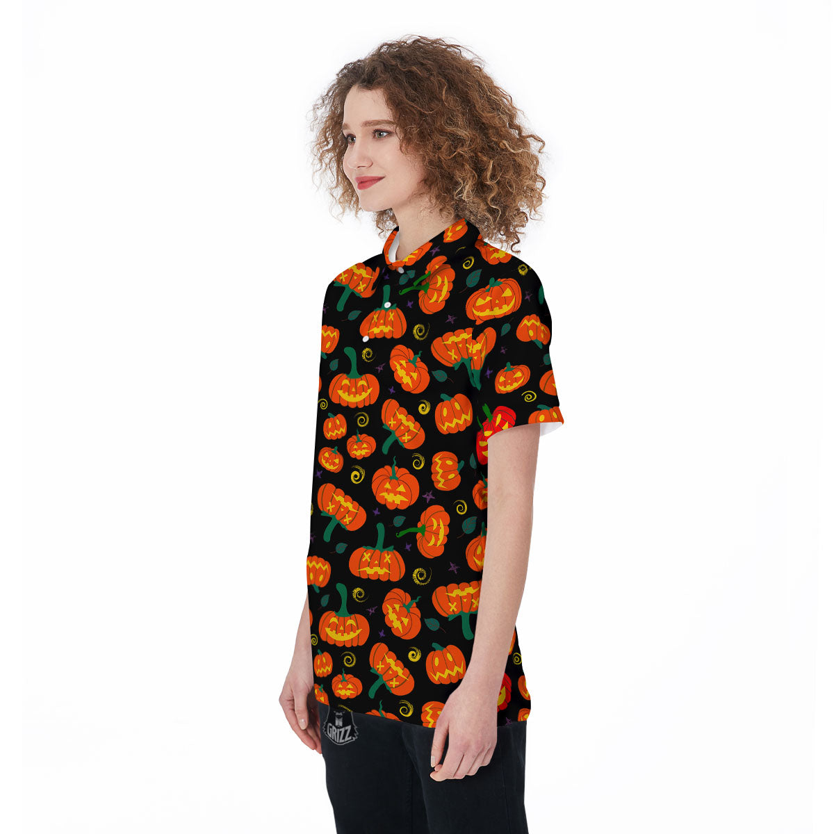 Halloween Pumpkin Print Pattern Women's Golf Shirts-grizzshop