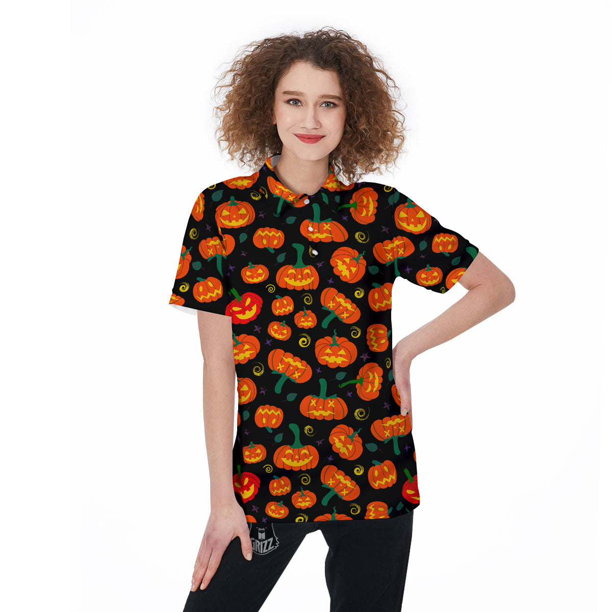 Halloween Pumpkin Print Pattern Women's Golf Shirts-grizzshop