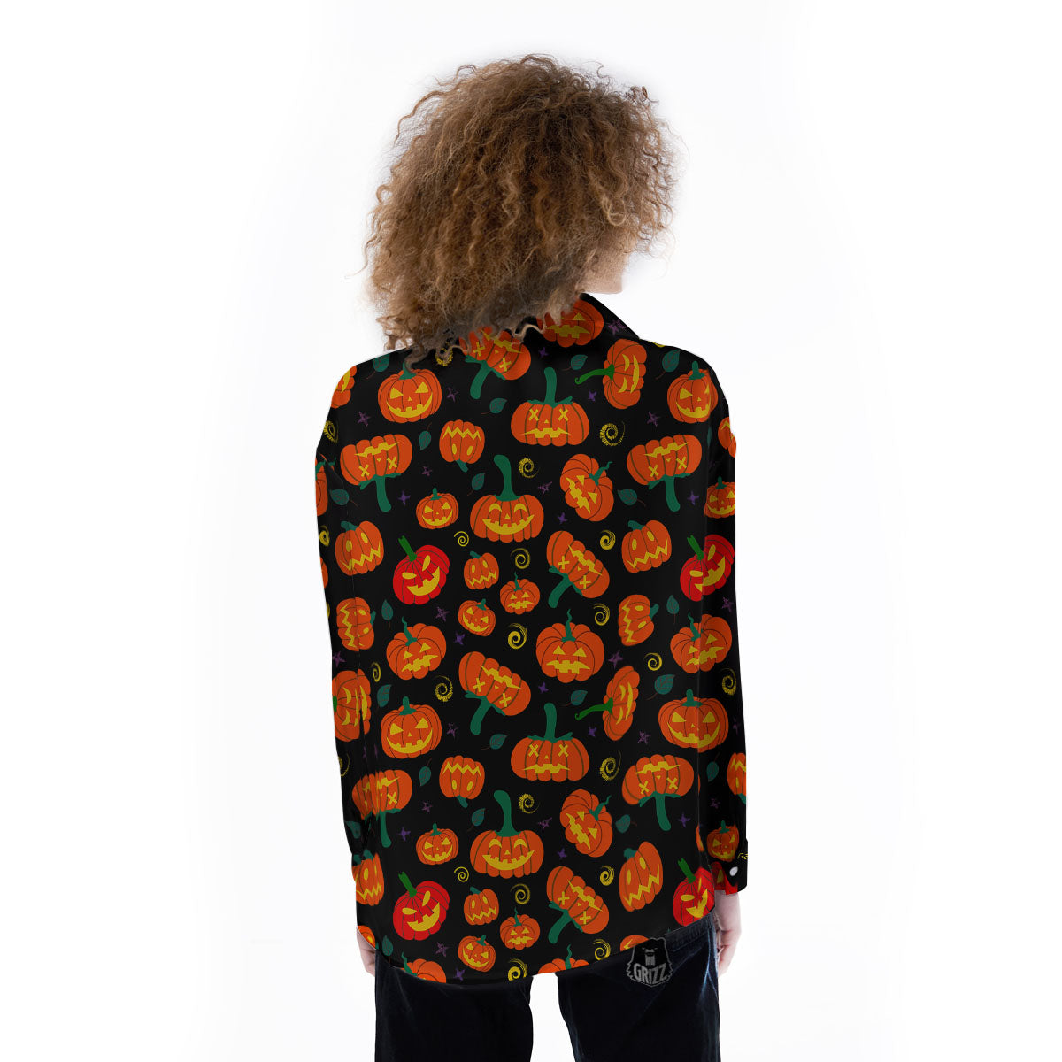 Halloween Pumpkin Print Pattern Women's Long Sleeve Shirts-grizzshop