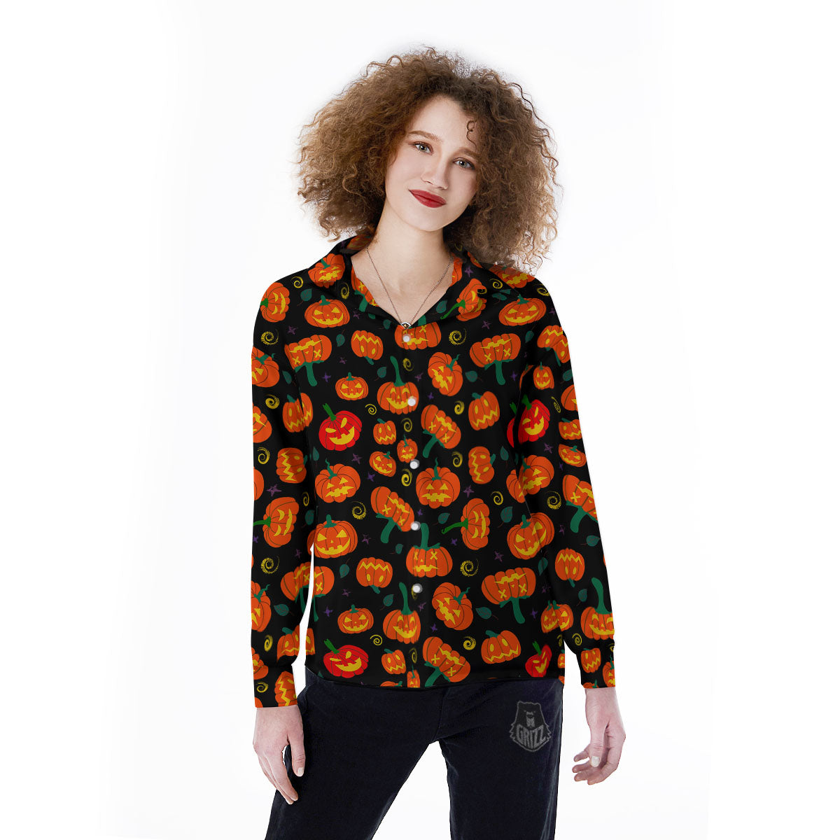 Halloween Pumpkin Print Pattern Women's Long Sleeve Shirts-grizzshop