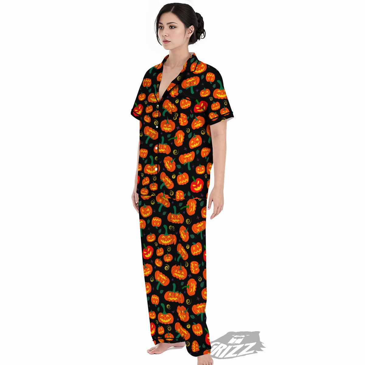 Halloween Pumpkin Print Pattern Women's Pajamas Set-grizzshop