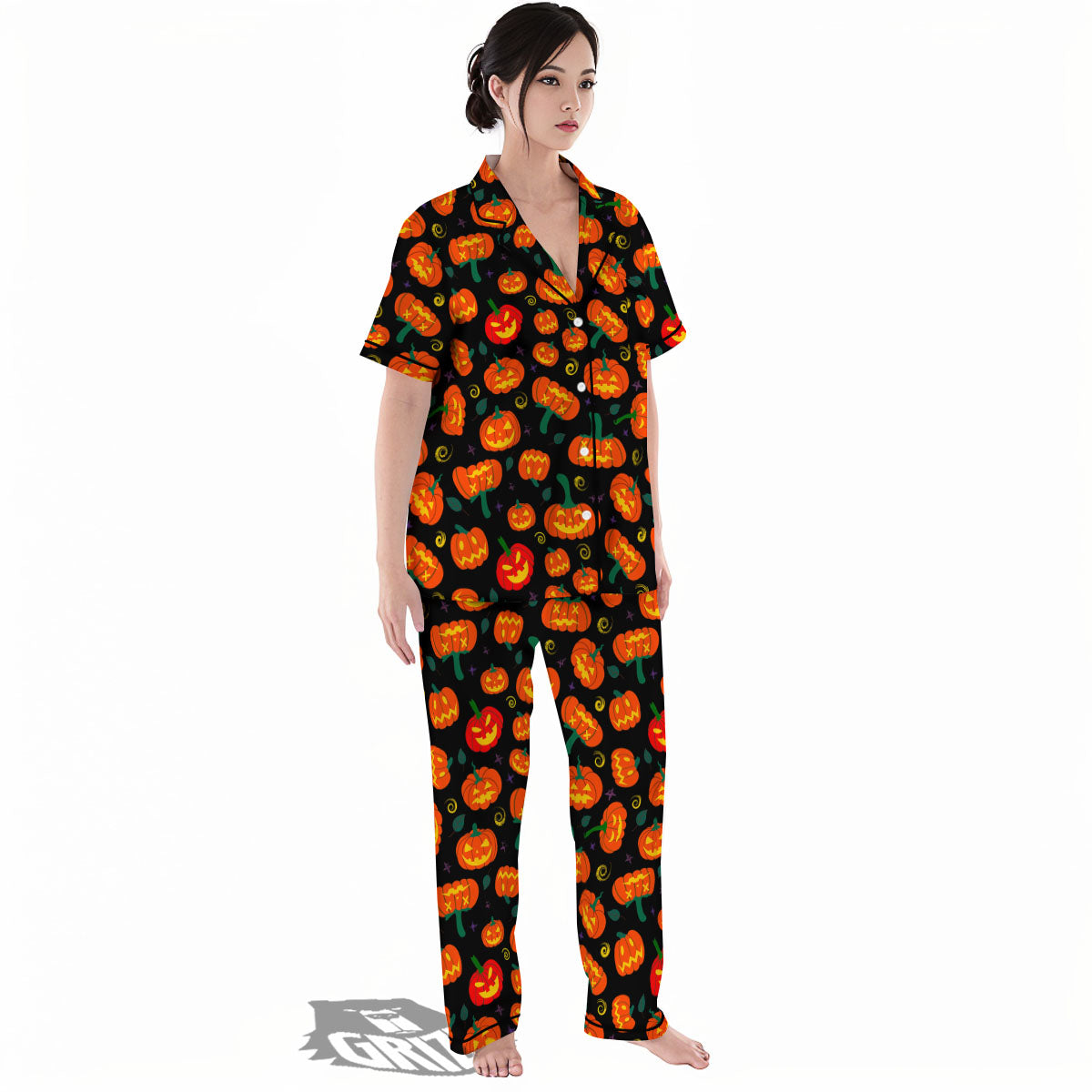 Halloween Pumpkin Print Pattern Women's Pajamas Set-grizzshop