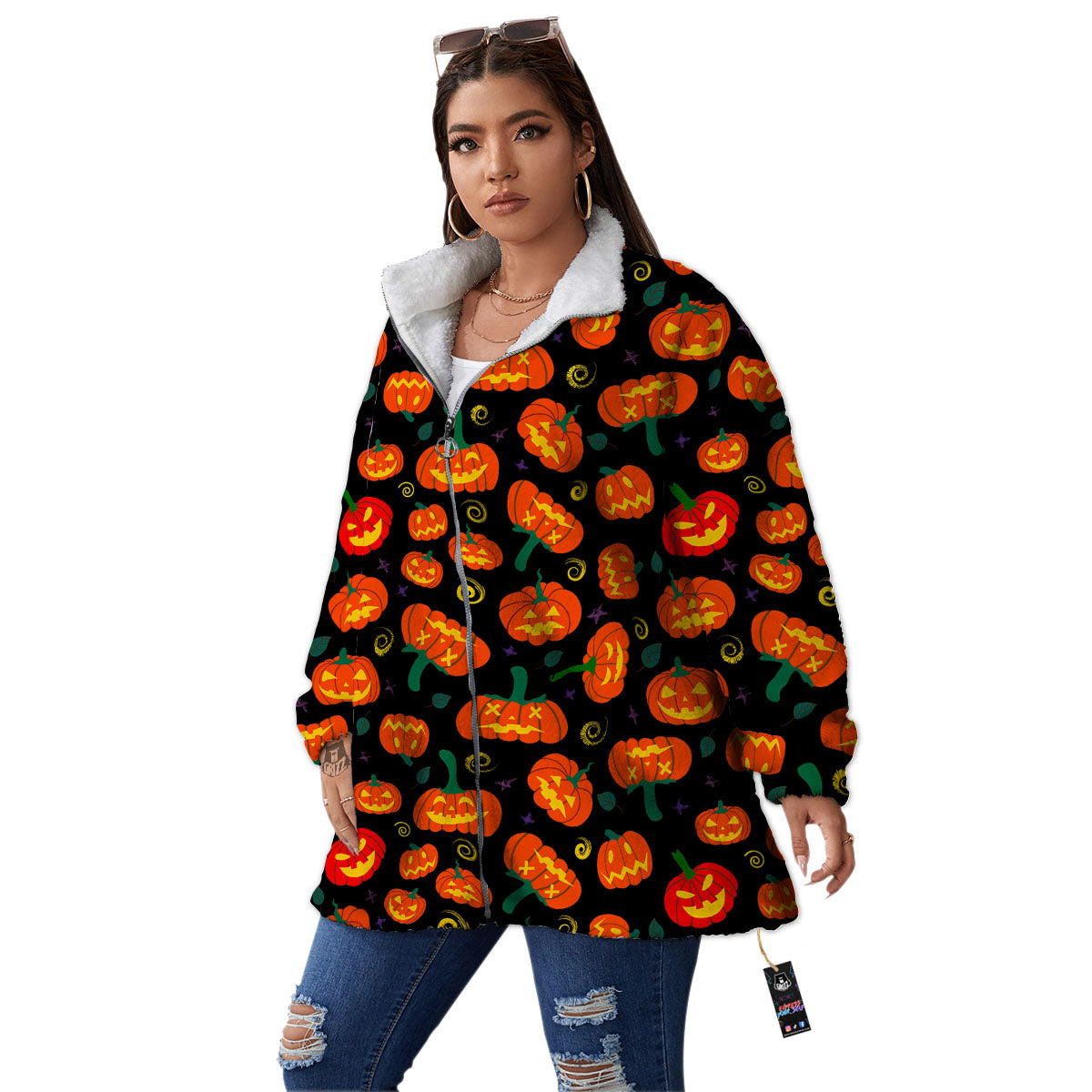 Halloween Pumpkin Print Pattern Women's Sherpa Jacket-grizzshop