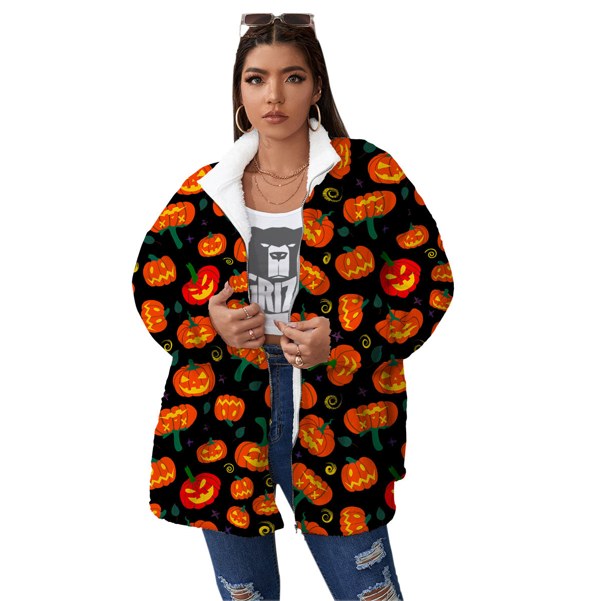 Halloween Pumpkin Print Pattern Women's Sherpa Jacket-grizzshop