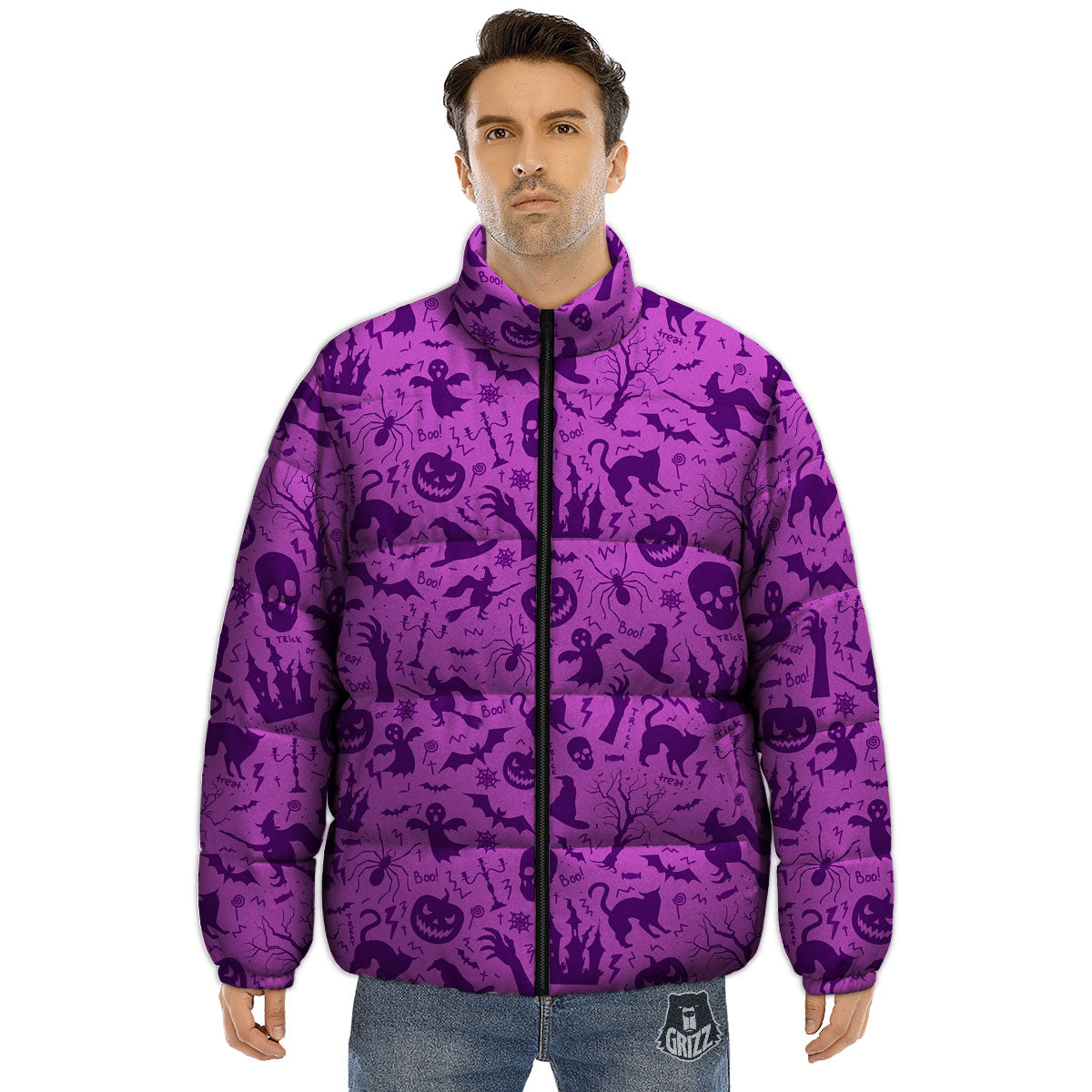 Halloween Purple Print Pattern Puffer Jacket-grizzshop