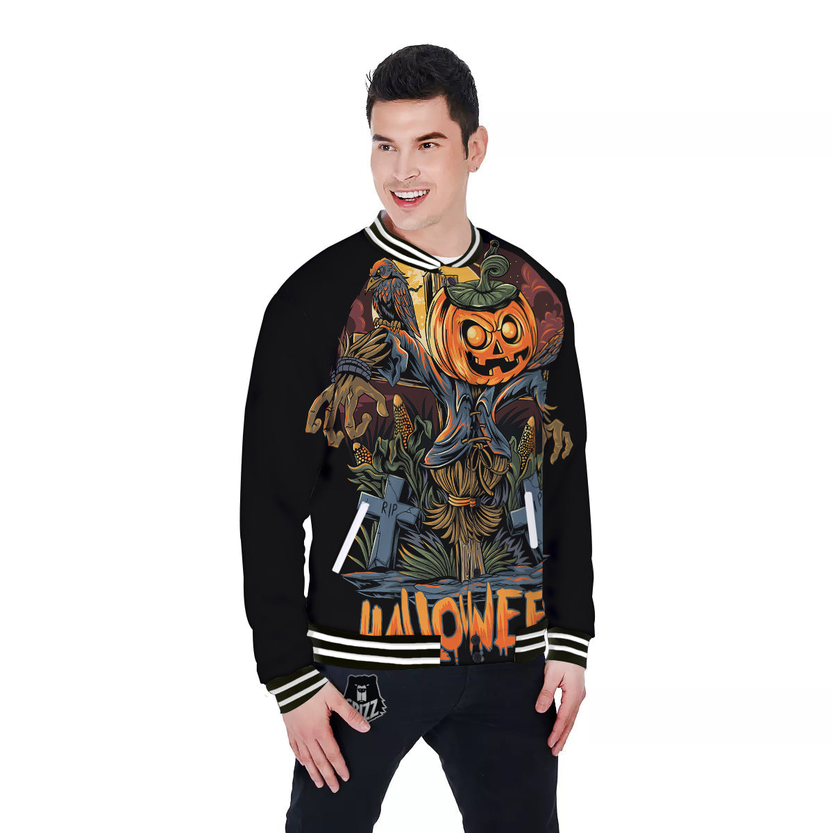 Halloween Scarecrow Print Baseball Jacket-grizzshop