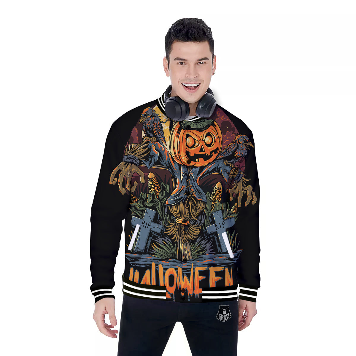 Halloween Scarecrow Print Baseball Jacket-grizzshop