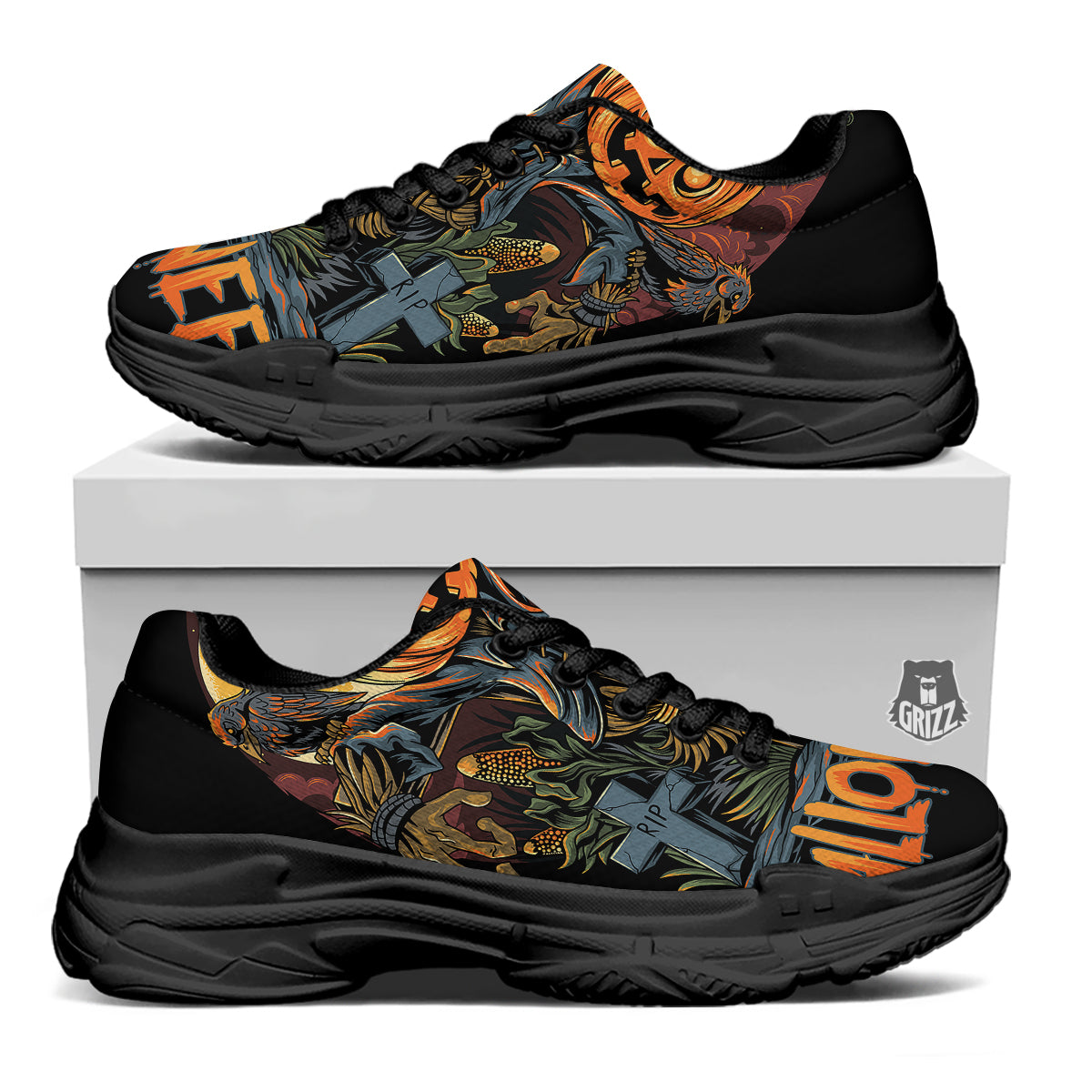 Halloween Scarecrow Print Black Chunky Shoes-grizzshop