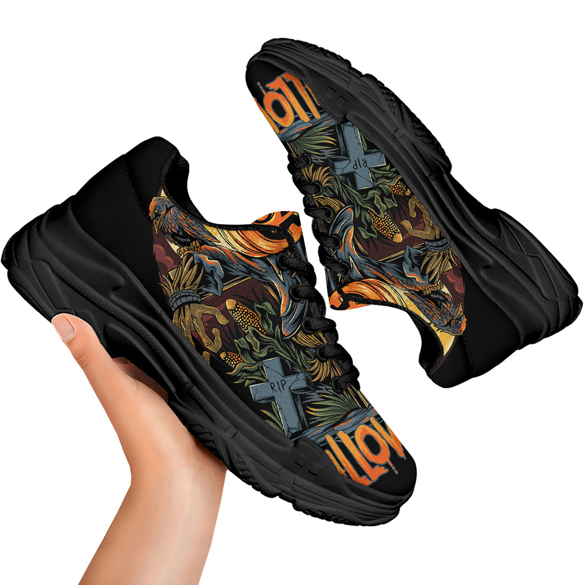 Halloween Scarecrow Print Black Chunky Shoes-grizzshop