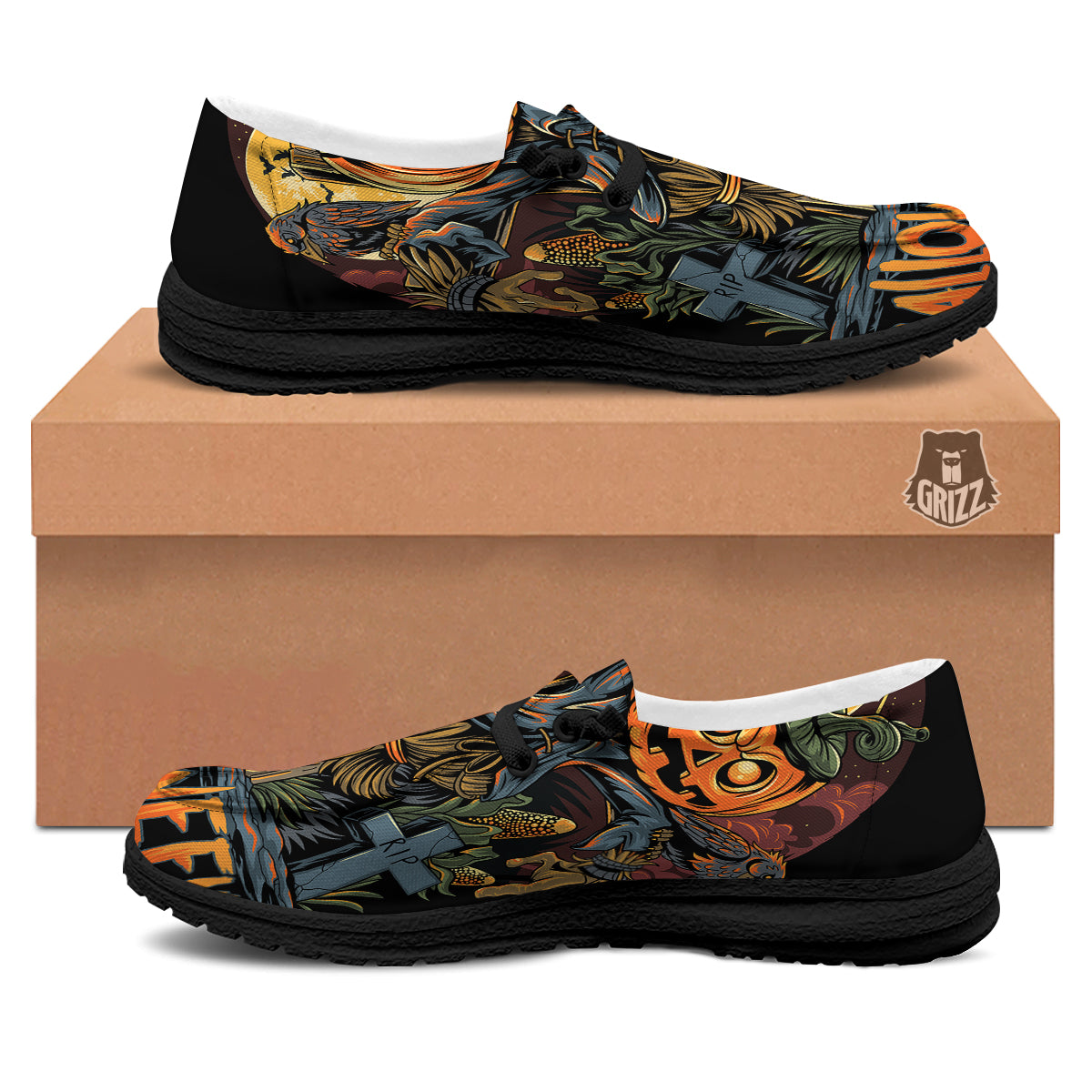 Halloween Scarecrow Print Black Loafers-grizzshop