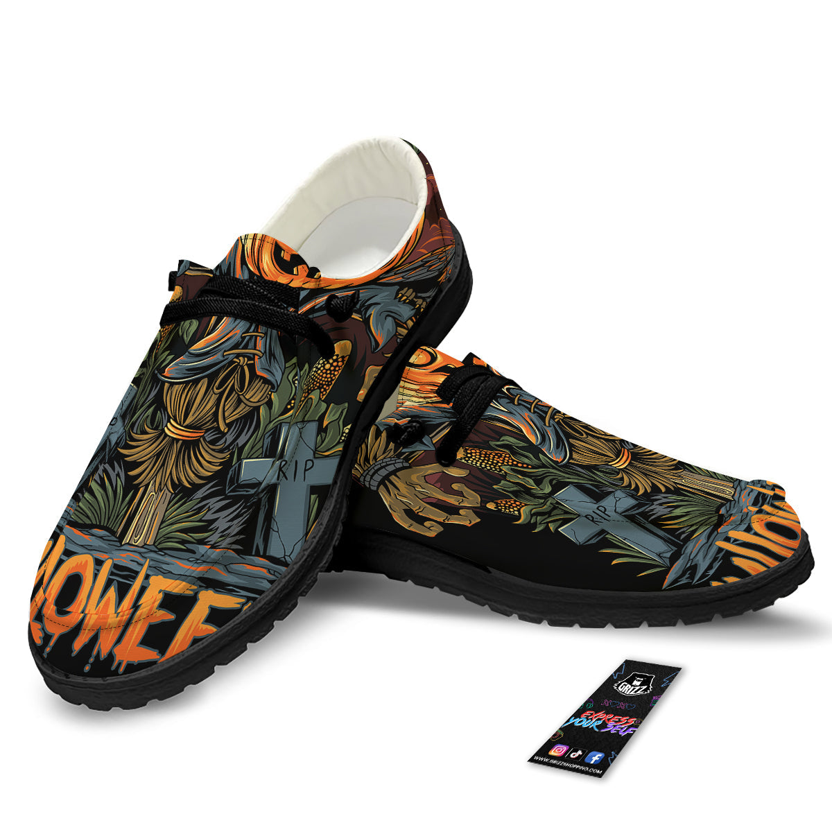 Halloween Scarecrow Print Black Loafers-grizzshop
