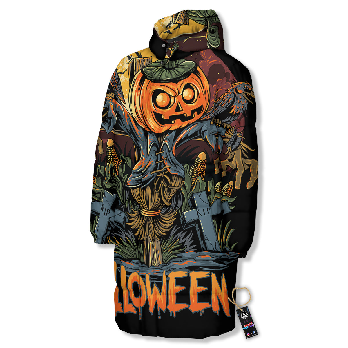 Halloween Scarecrow Print Long Down Jacket-grizzshop